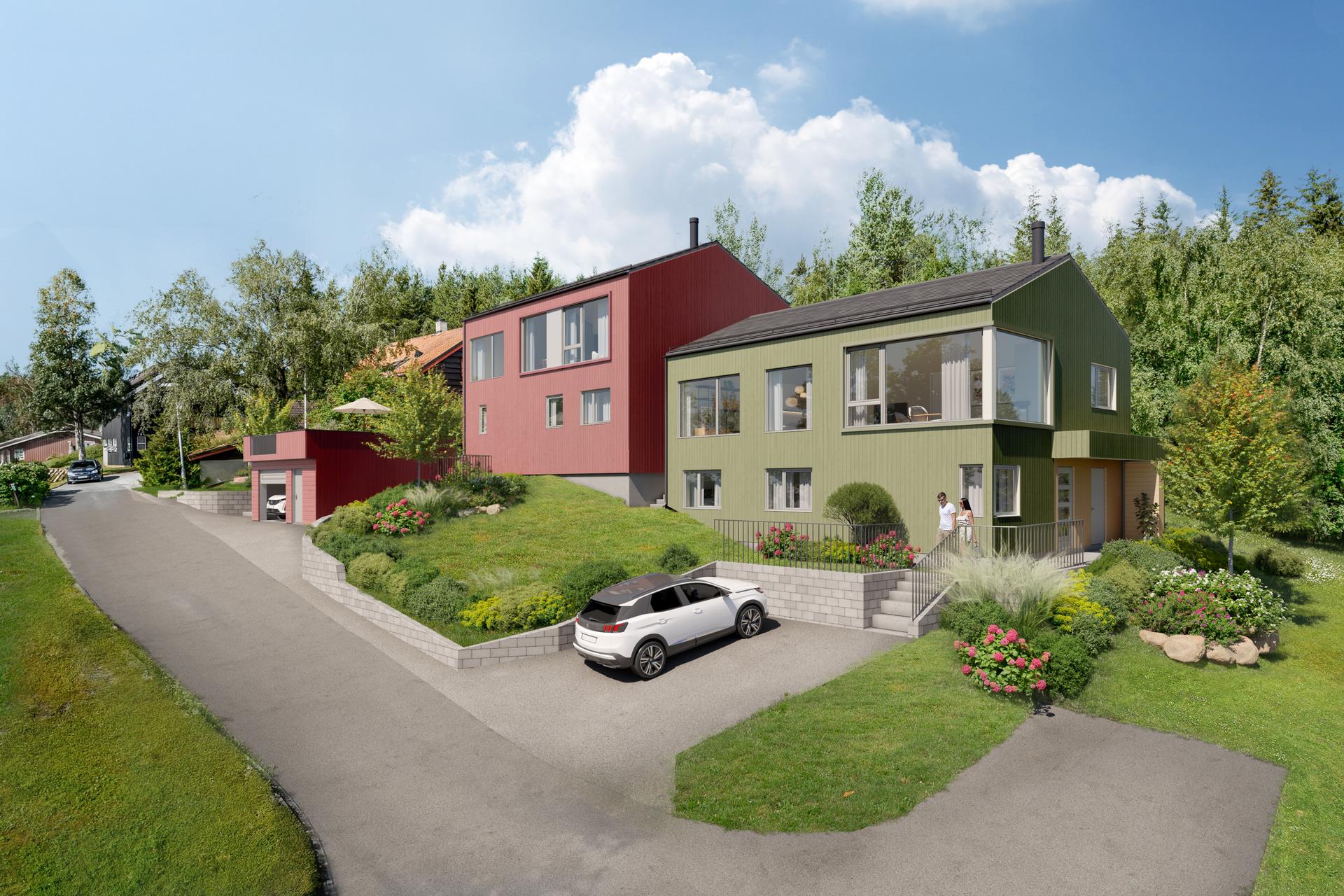 Stilrene eneboliger med moderne uttrykk – beliggende i rolige omgivelser på Byåsen, med nærhet til Bymarka og Granåsen.. Bilde nummer 1 av 3
