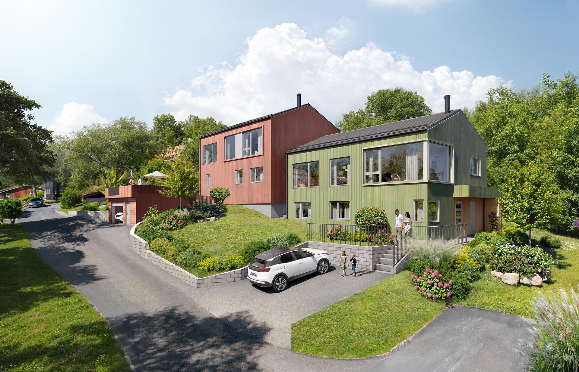 Oversiktsbilde av begge boligene – harmonisk plassert på tomten med gode solforhold og praktiske parkeringsløsninger.. Bilde nummer 1 av 3