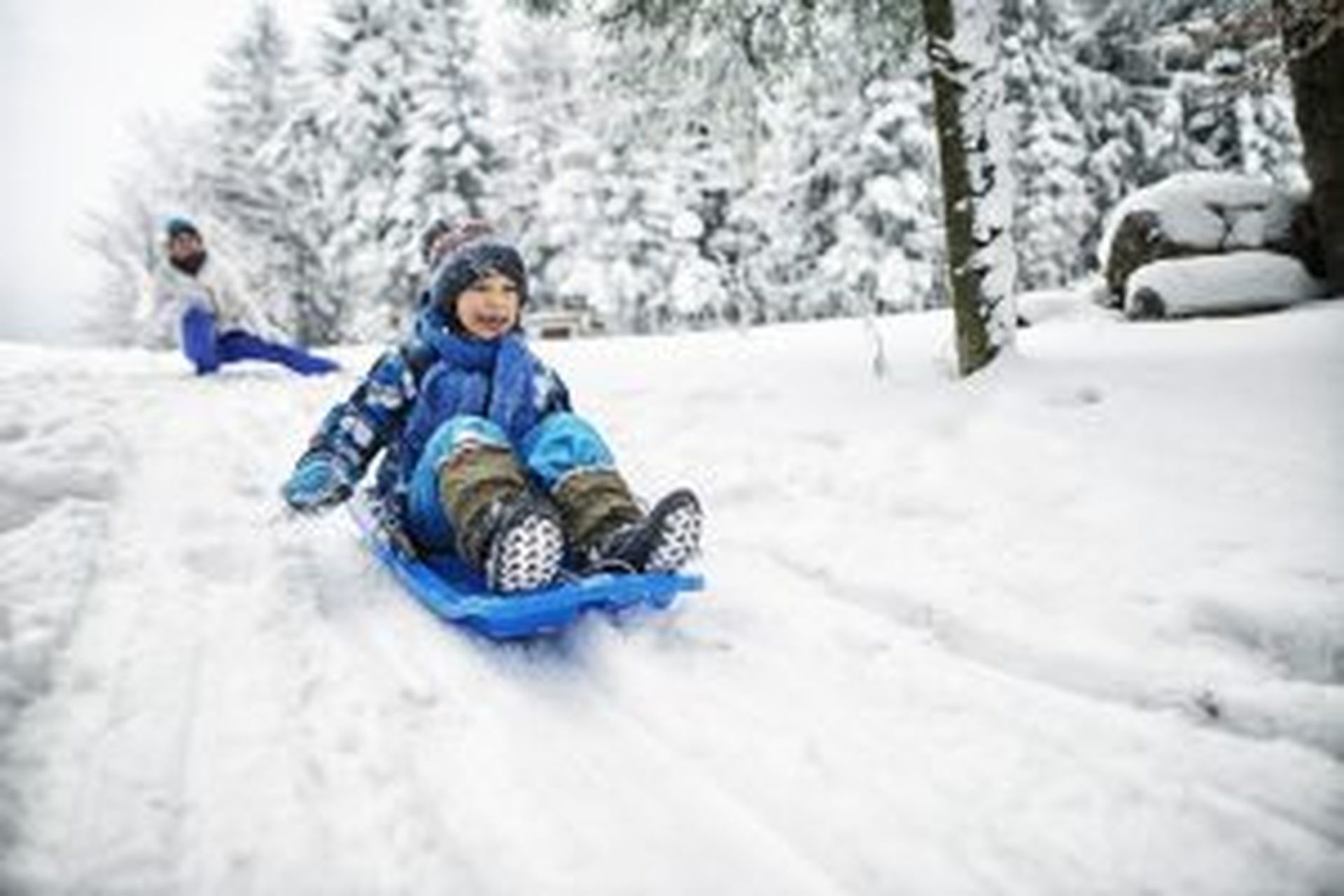 Gutt aker ned snødekket bakke i full fart