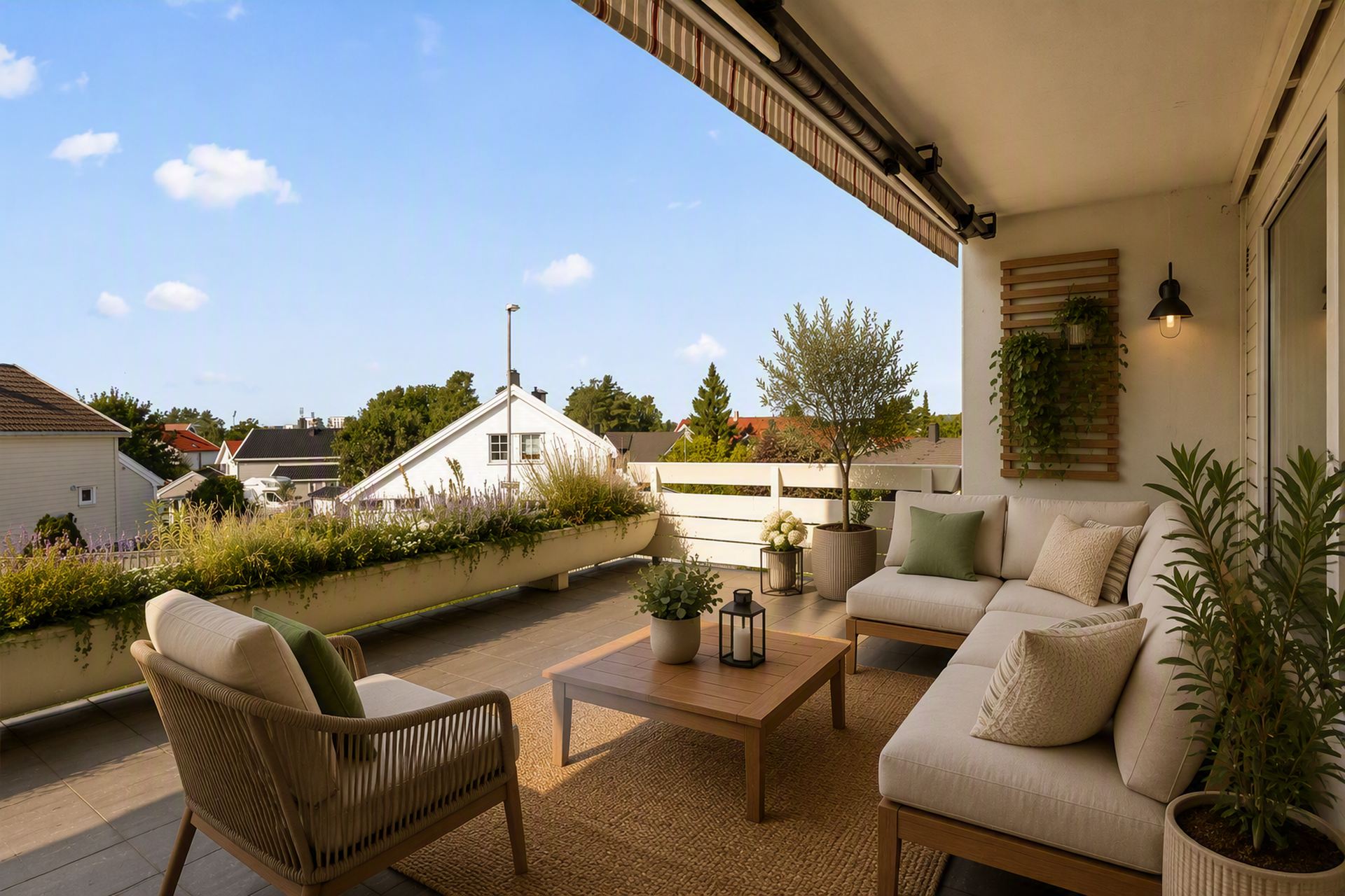 AI redigert illustrasjon av møblert terrasse.(Det er ikke lampe på veggen.). Bilde nummer 2 av 3