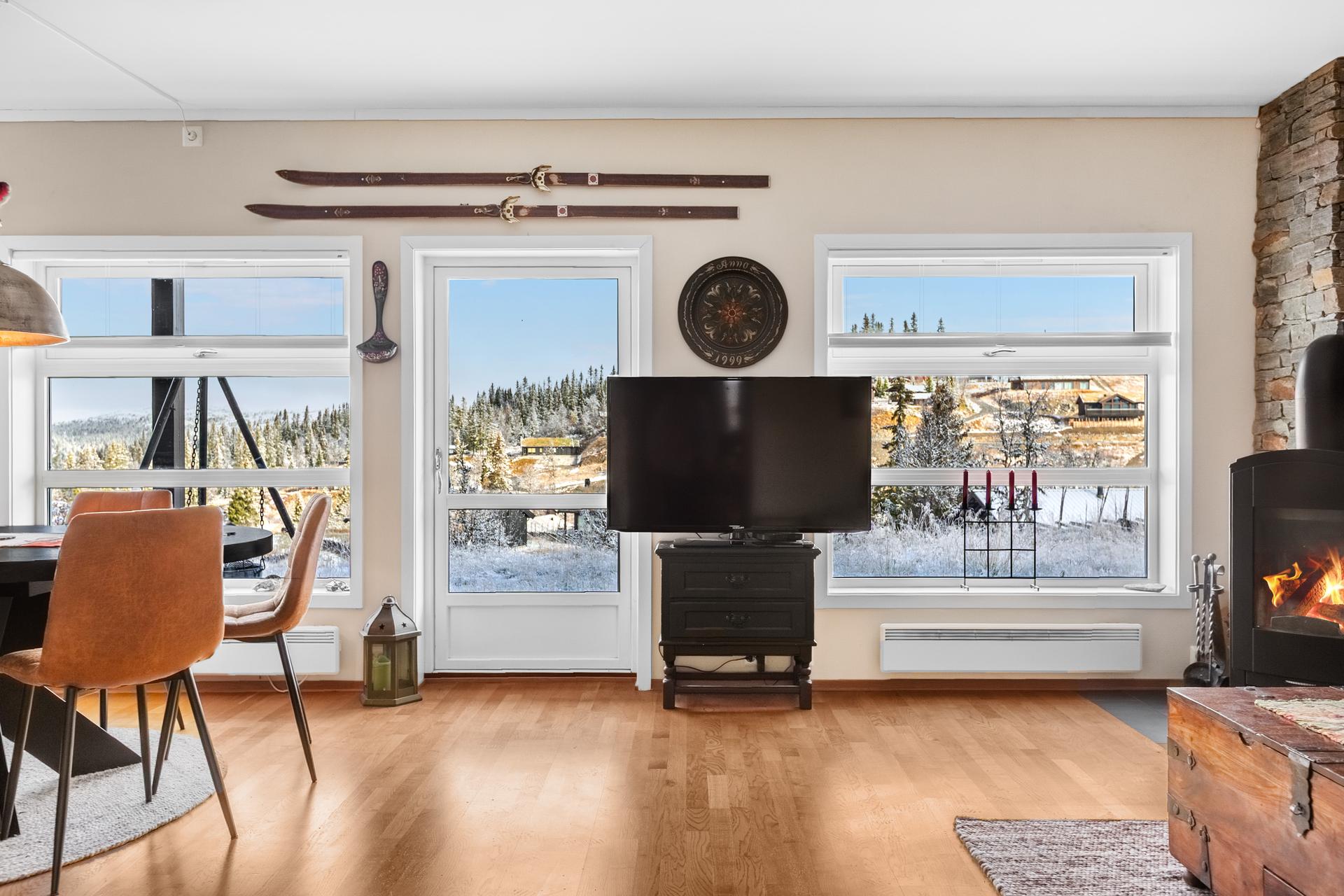 Lys og lun stue med praktfull utsikt over Danebu Kongsgård mot Skogshorn i Hemsedal og langt inn i Jotunheimem. Bilde nummer 2 av 3