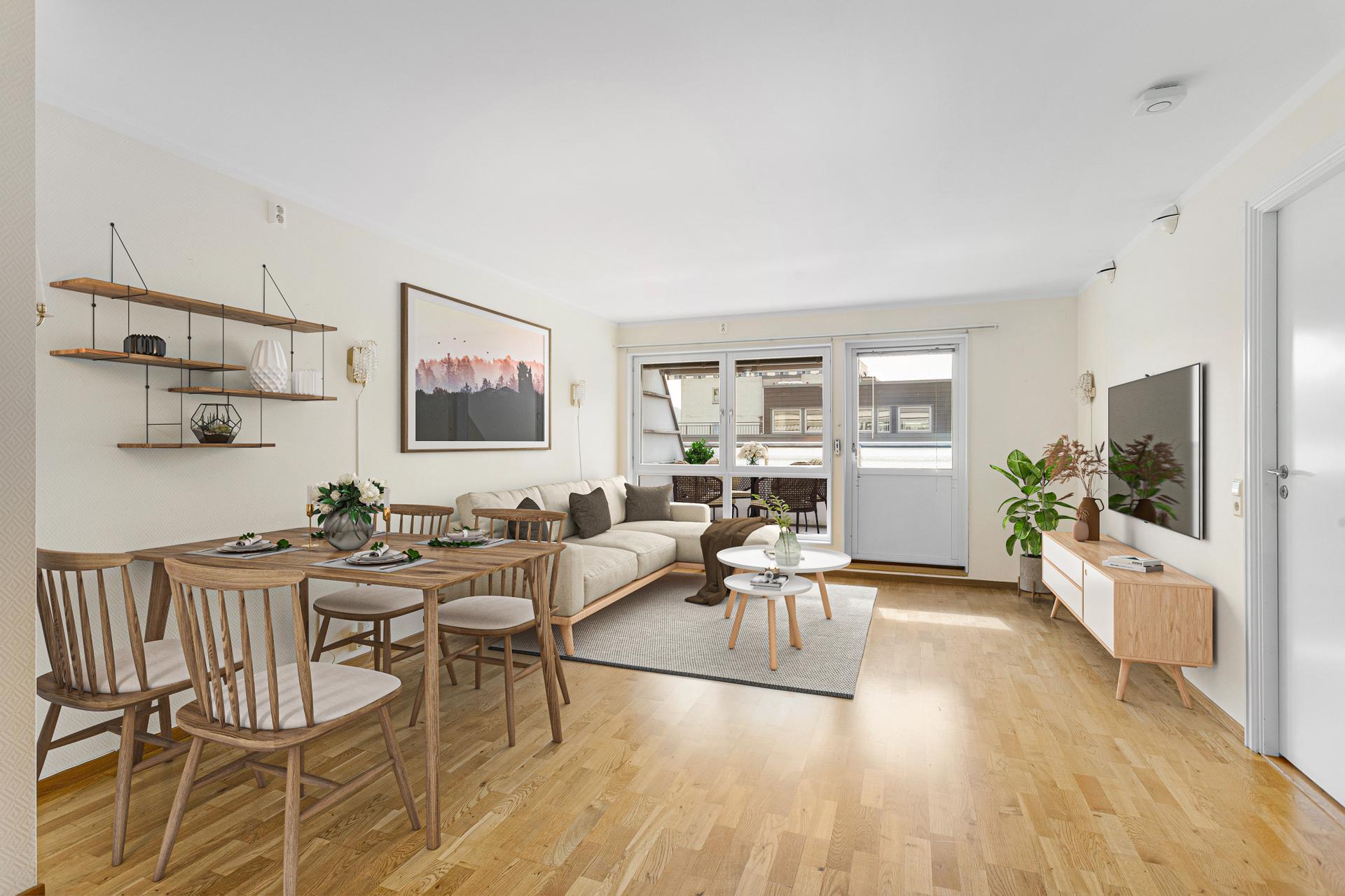 Lettstelt 2-roms toppleilighet med utgang til romslig og delvis overbygget terrasse. Stuen har god plass til både spisebord og en romslig sofagruppe. (Digital styling). Bilde nummer 2 av 3
