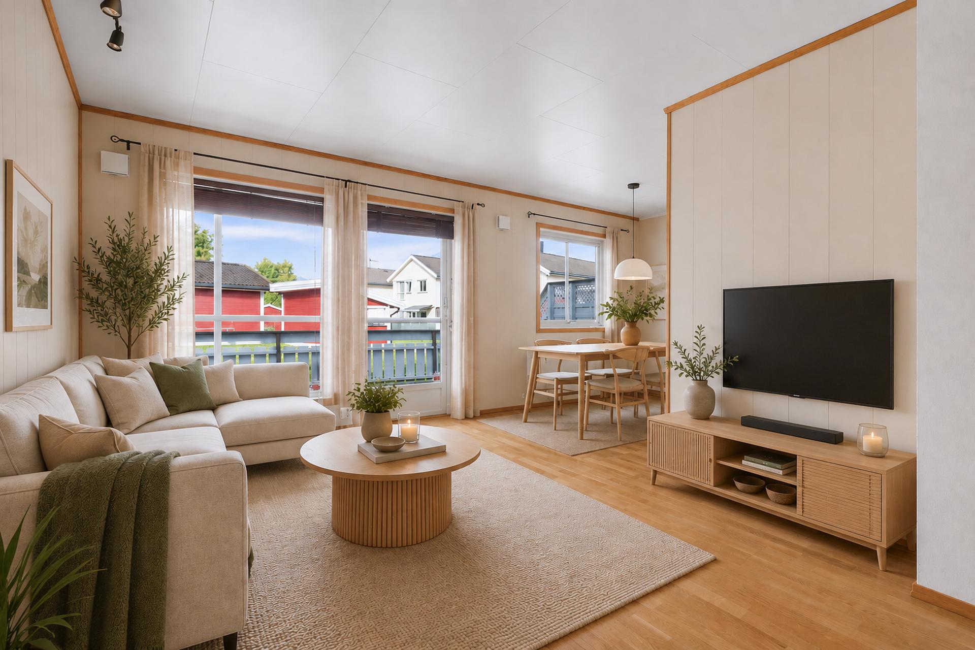 Stuen har god plass til både sofagruppe og spisebord. (Illustrasjon). Bilde nummer 2 av 3
