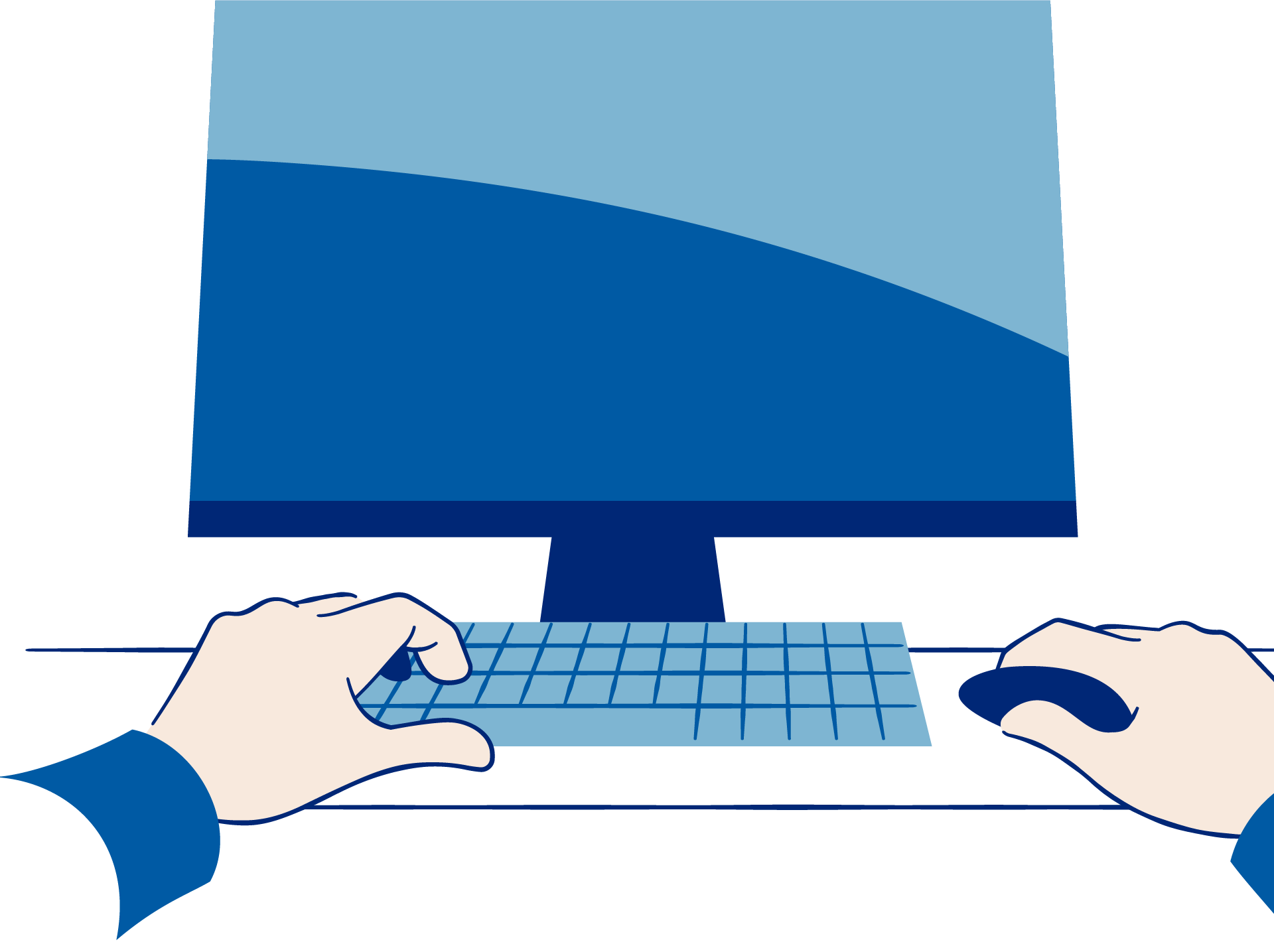 Illustrasjon av hender som skriver på tastaturet til en PC: I høyrehånden er det en mus. 