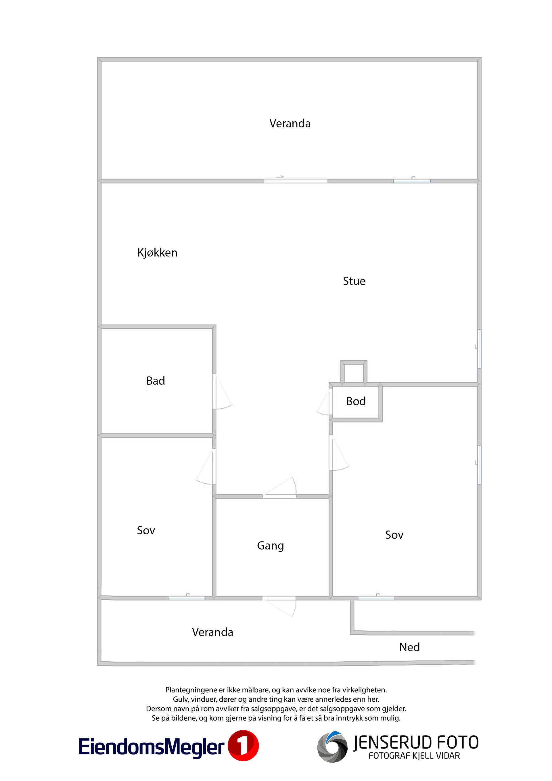 Leiligheten har en arealeffektiv planløsning på ett plan, med to soverom og to verandaer.. Bilde nummer 3 av 3