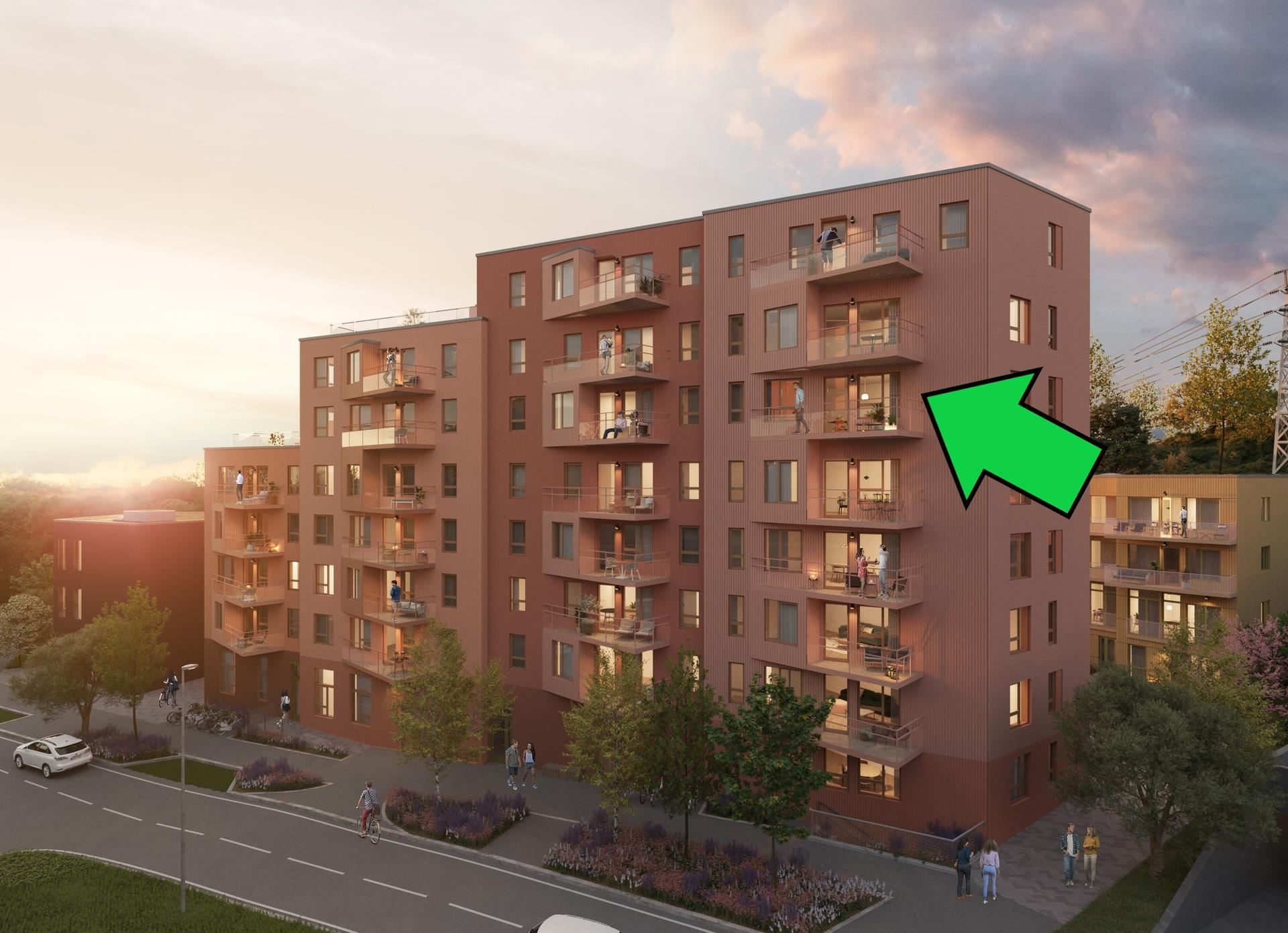 Løxatorget - pil viser plassering av leilighet 2-602 i 6. etg.. Bilde nummer 1 av 3