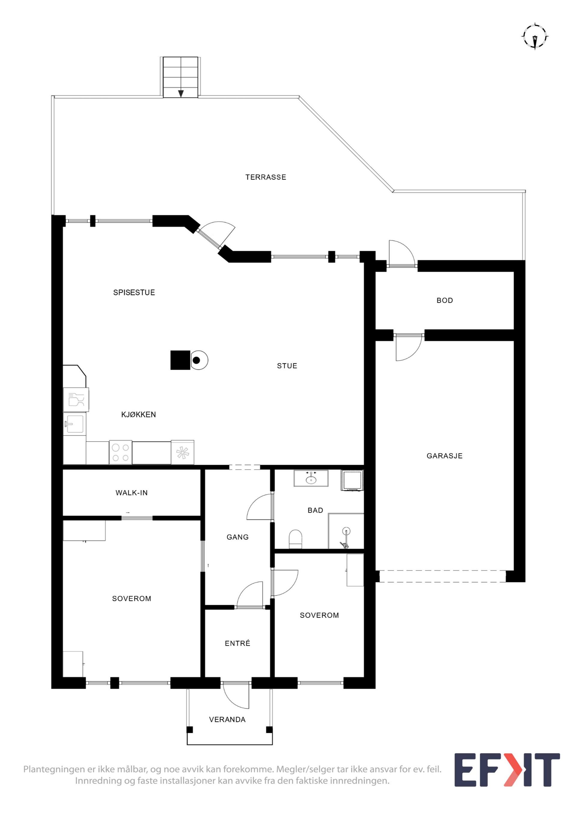 Planløsningen på 73 m² er arealeffektiv med to soverom og åpen stue- og kjøkkenløsning.. Bilde nummer 2 av 3