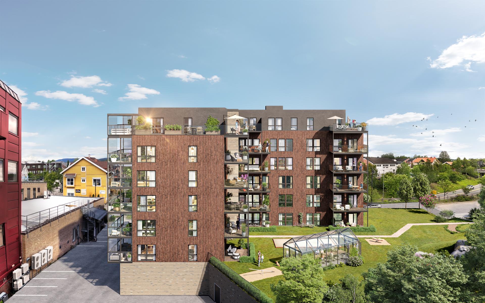 Christian Park får en nydelig solrik bakhage med stort felles drivhus med plass til langbord for sosiale sammenkomster. Illustrasjon - avvik vil forekomme. . Bilde nummer 1 av 3
