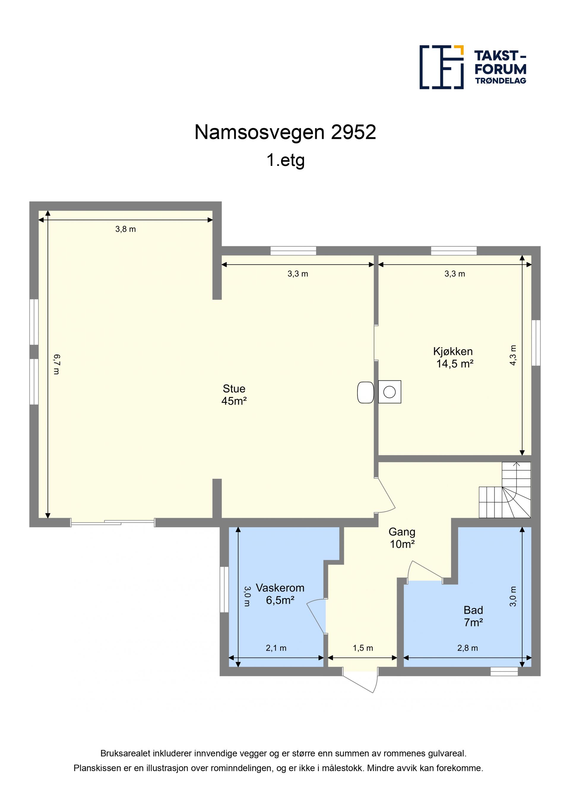 1. etasje har stue og kjøkken samt bad, vaskerom og gang.. Bilde nummer 3 av 3