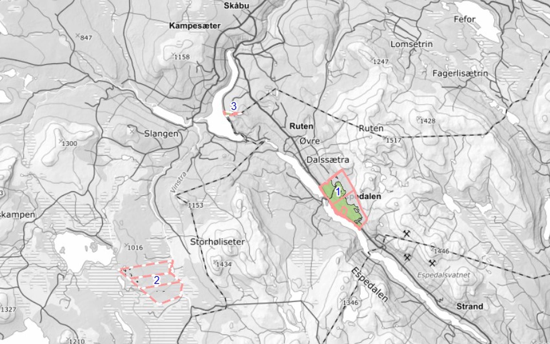 Kartutsnitt som viser eiendommens utstrekning i Sør-Fron og Nord-Fron. Bilde nummer 2 av 3