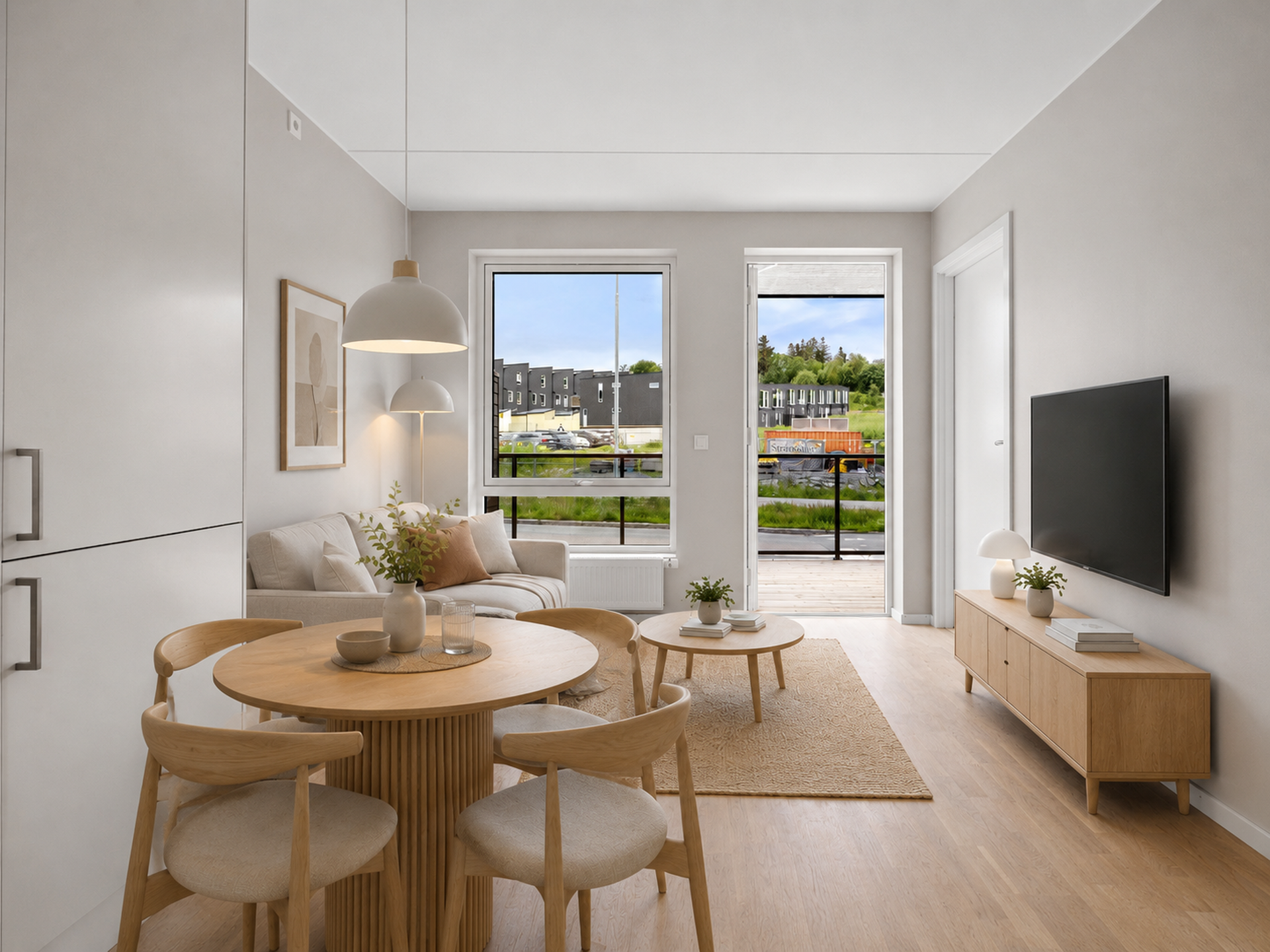 Leiligheten har en lys stue med åpen kjøkkenløsning som gir gode møbleringsmuligheter for både sofa- og spisegruppe.. Bilde nummer 2 av 3