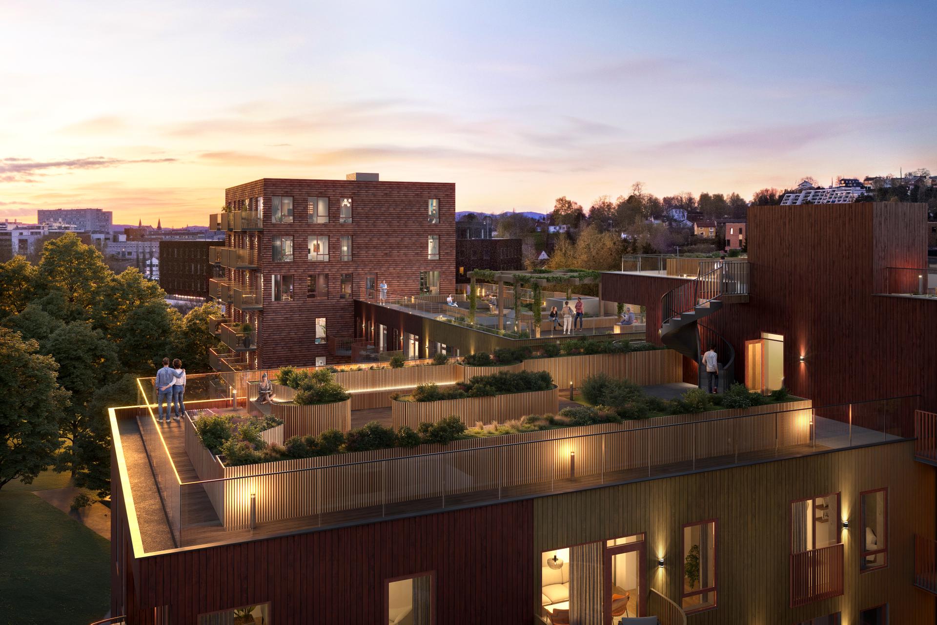 Flott takterrasse for beboerne med fantastisk utsikt og gode solforhold. Illustrasjon, avvik kan forekomme. . Bilde nummer 2 av 3