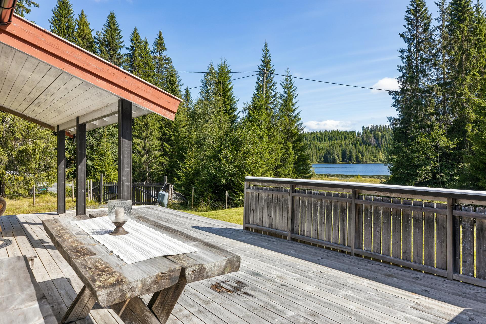 Fra terrassen er det utsikt over skog og vann.. Bilde nummer 3 av 3