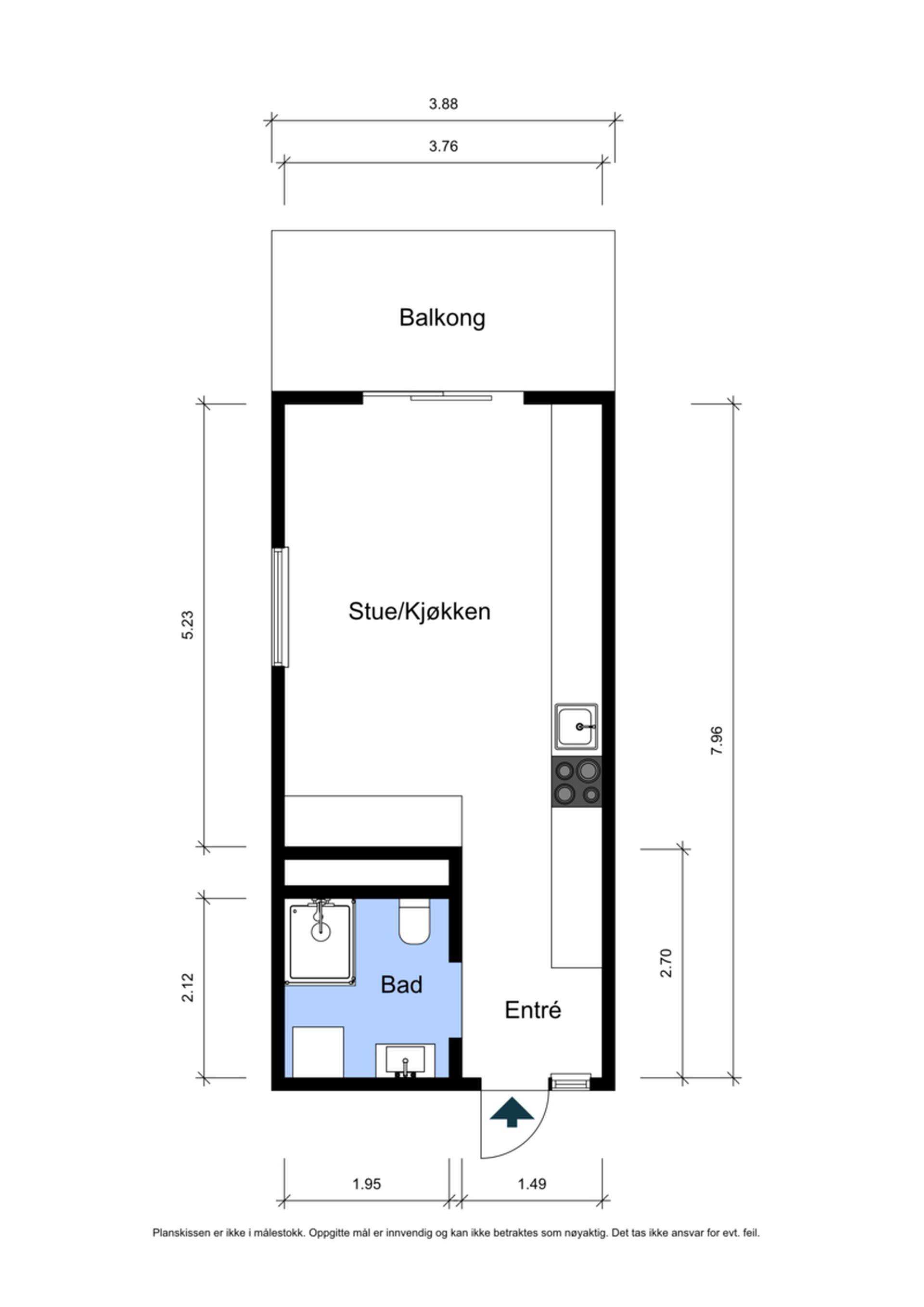 En arealeffektiv planløsning med åpen stue- og kjøkkenløsning, og direkte utgang til balkongen.. Bilde nummer 3 av 3