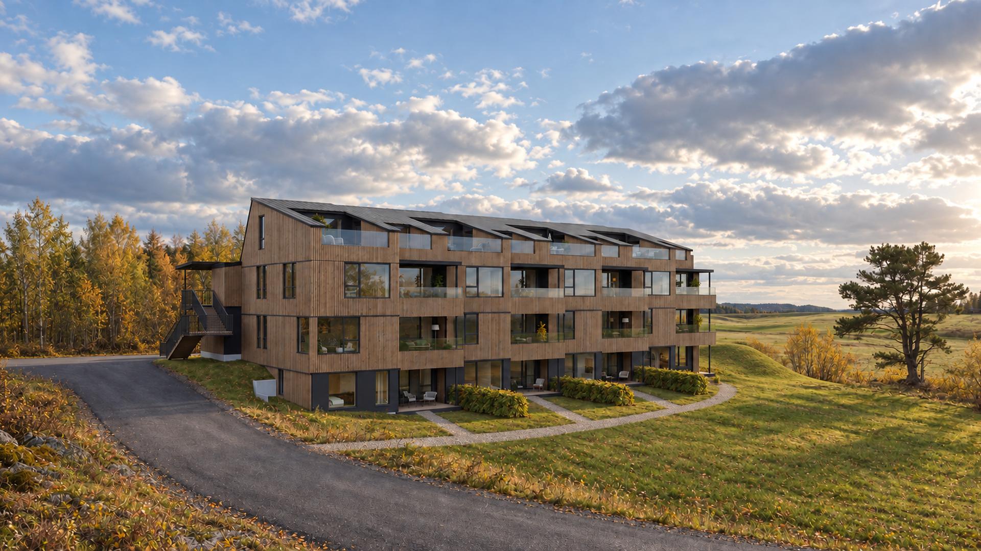 Velkommen til Golfgården - Leiligheter og rekkehus med unik beliggenhet ved Byneset Golfbane. Magiske omgivelser med nærhet til alt du trenger. Illustrasjon, avvik kan forekomme. . Bilde nummer 1 av 3