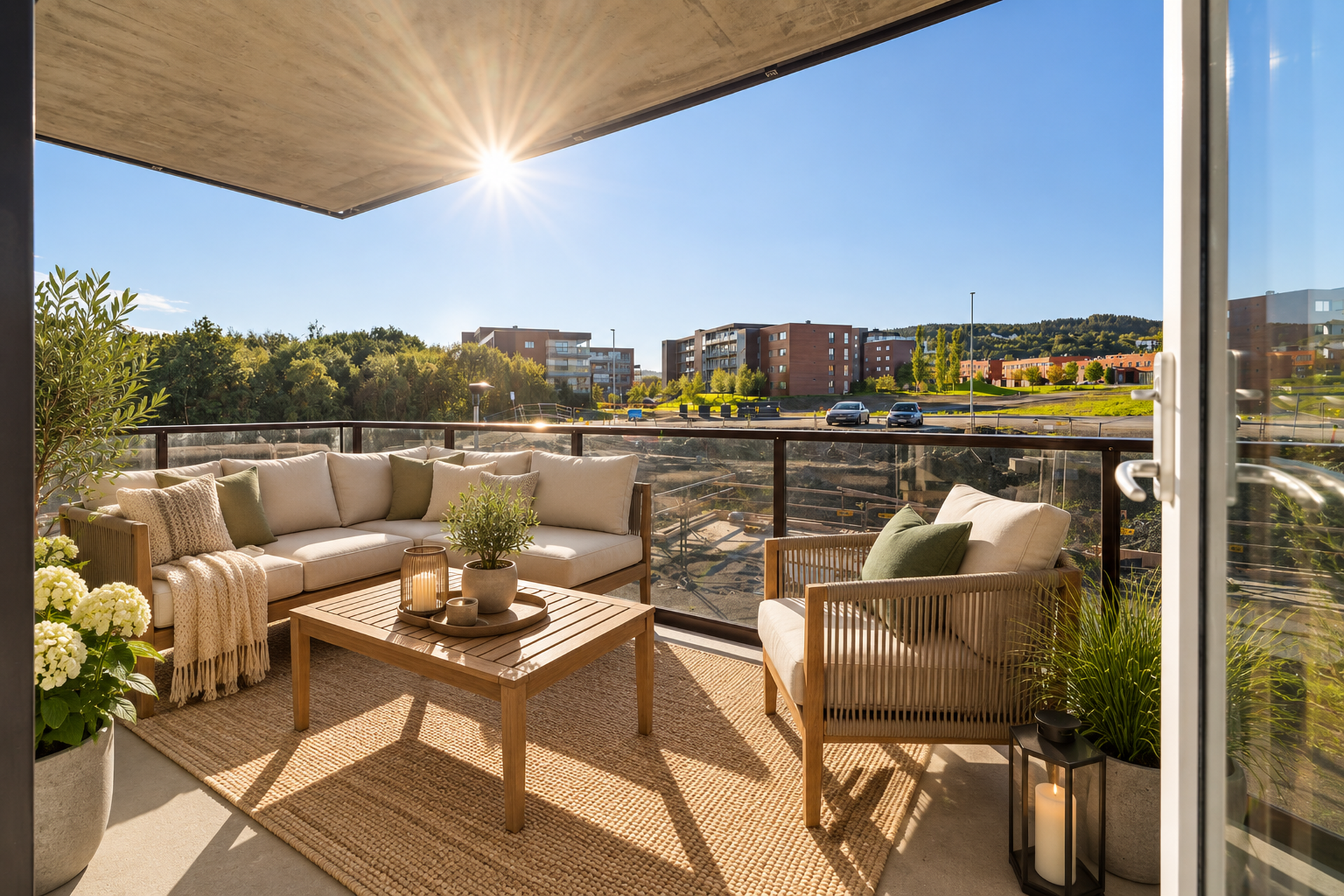 Solrik terrasse med god plass til utemøblement. Ai-genererte møbler. . Bilde nummer 2 av 3