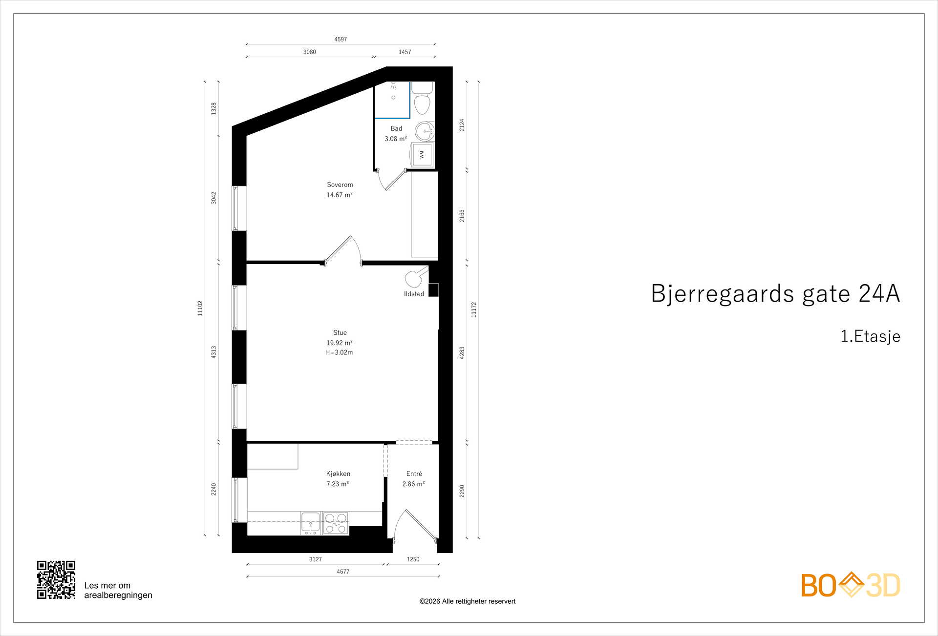 Plantegning. Hele leiligheten vender mot indre gårdsrom.. Bilde nummer 2 av 3