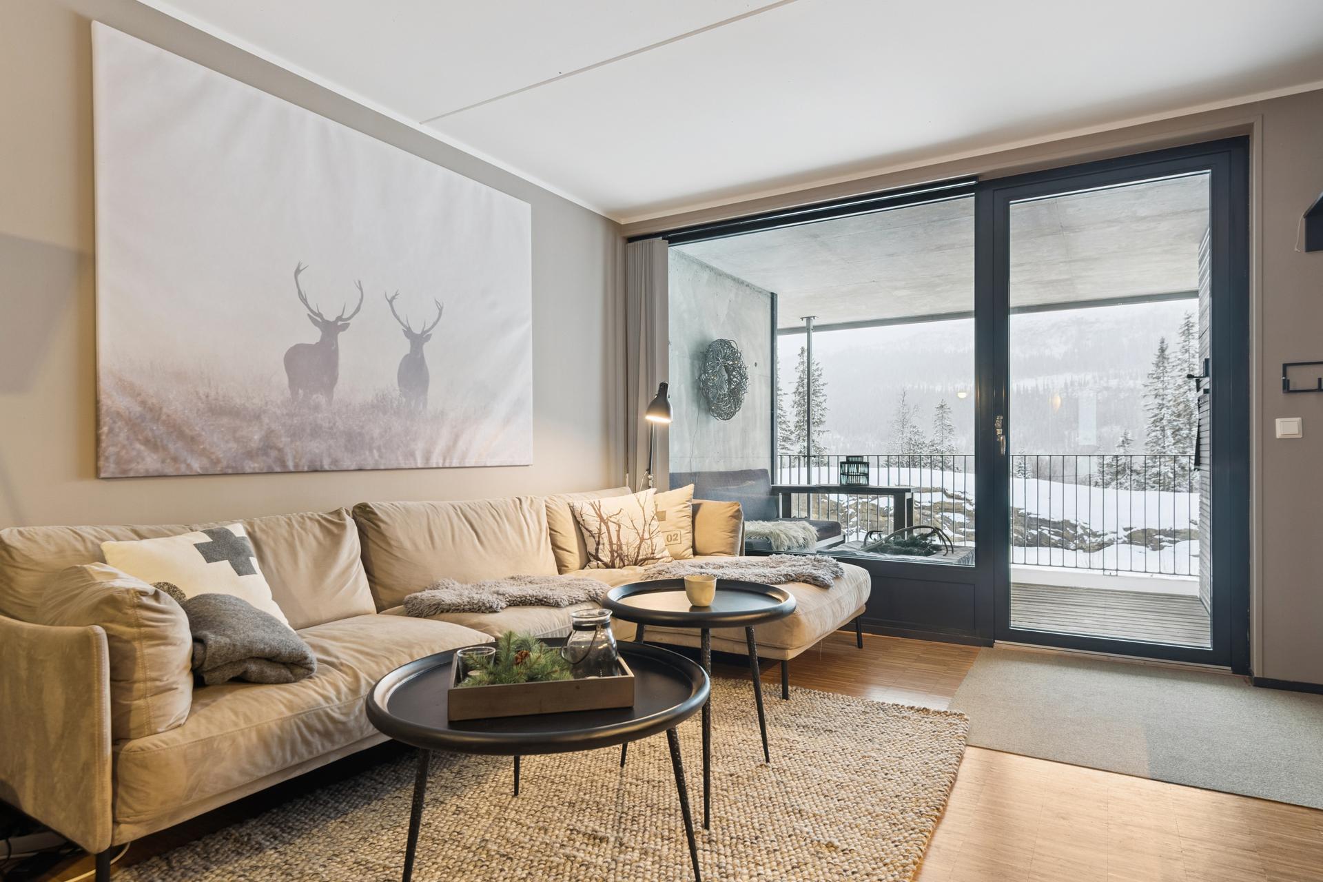 Direkte utgang til sørvendt terrasse med gode solforhold.. Bilde nummer 2 av 3