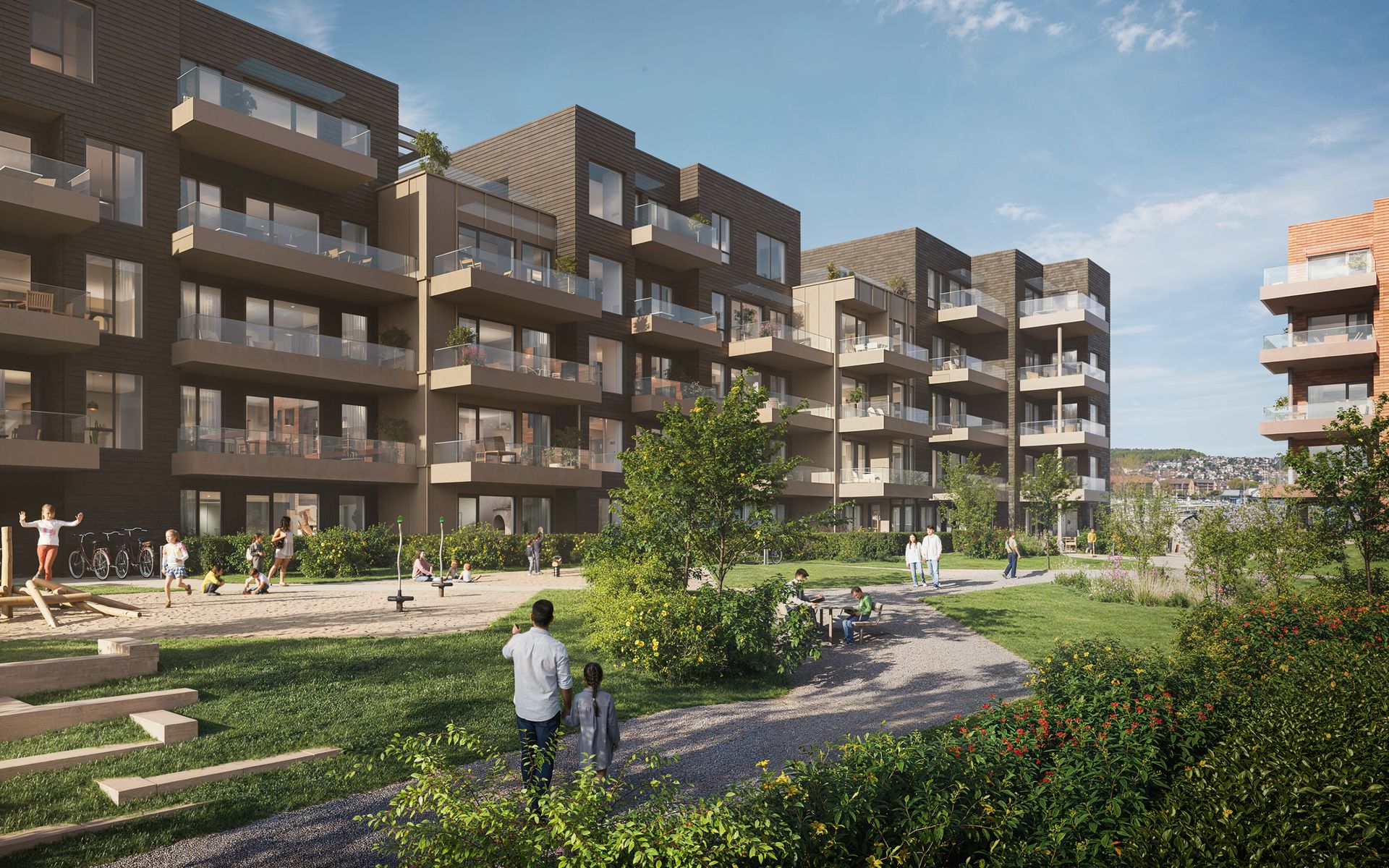 Flotte materialvalg. Fasade i skjermtegl og metallplater. Balkonger med glassrekkverk. Store, grønne fellesområder. Bilde nummer 2 av 3