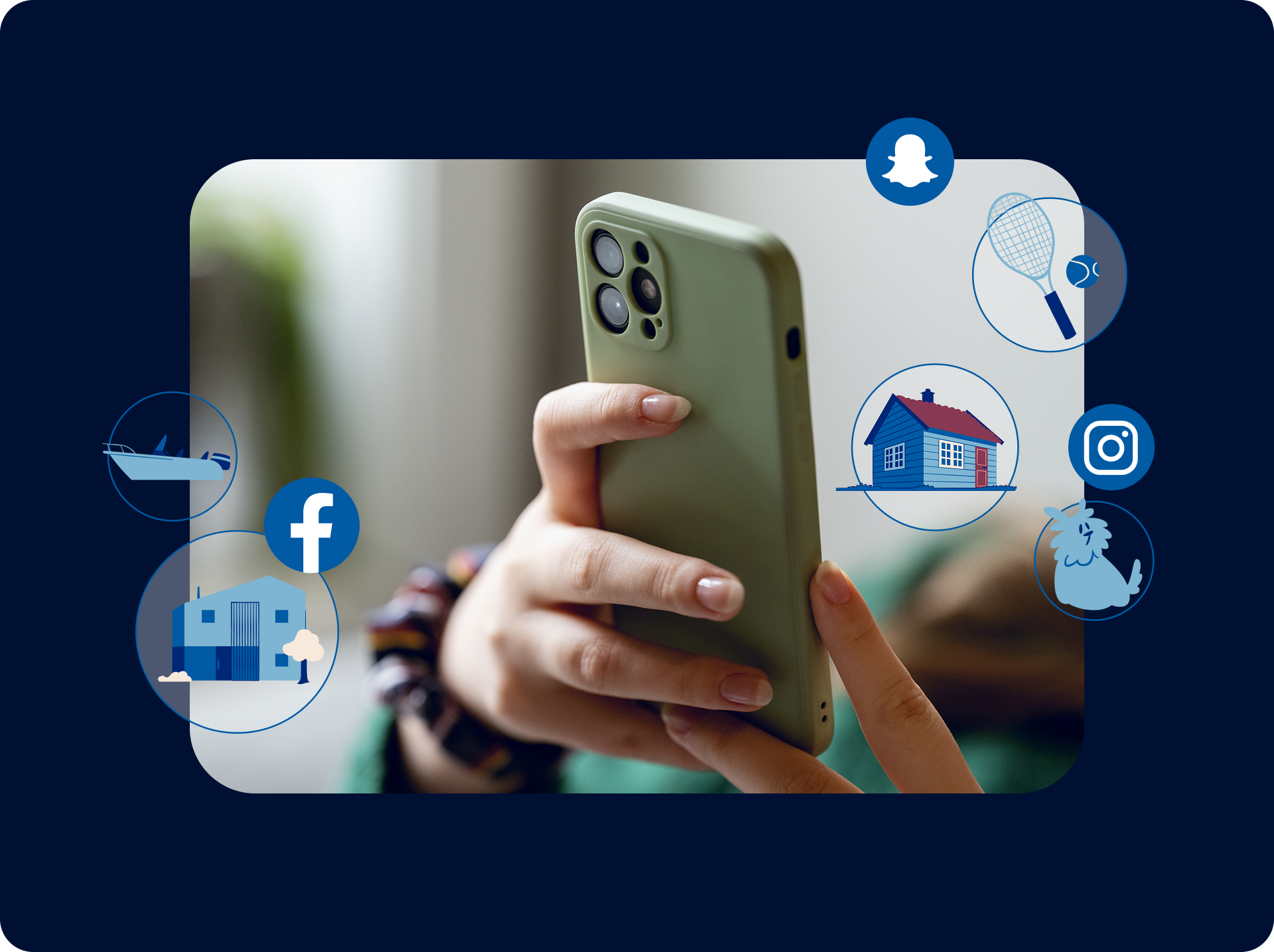 Foto av to hender som holder en mobiltelefon. I rammen rundt bildet er det illustrasjoner av sosiale medier, et hus, en hytte, en båt og en hund. 