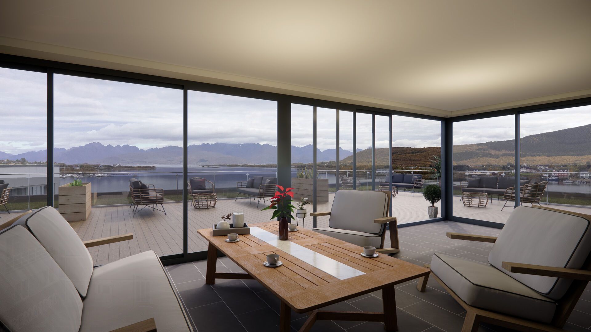 Felles takterrasse med inn glasset og oppvarmet utestue, wc og kjøkkendel, plenarealer, sosiale soner og fantastisk utsikt - takterrassen er ikke ferdigstilt- Illustrasjonsbilde. Bilde nummer 3 av 3