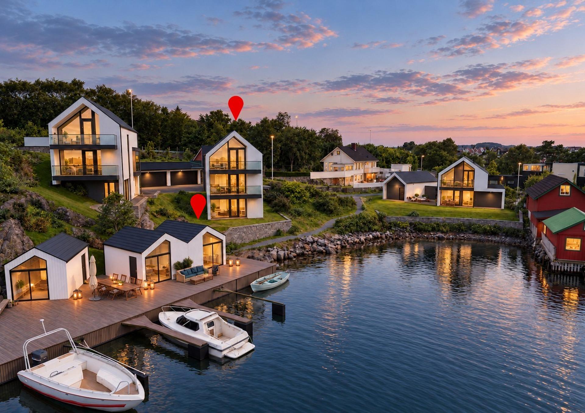 Maritim beliggenhet med eget naust og privat brygge. Illustrasjon, avvik an forekomme.. Bilde nummer 2 av 3