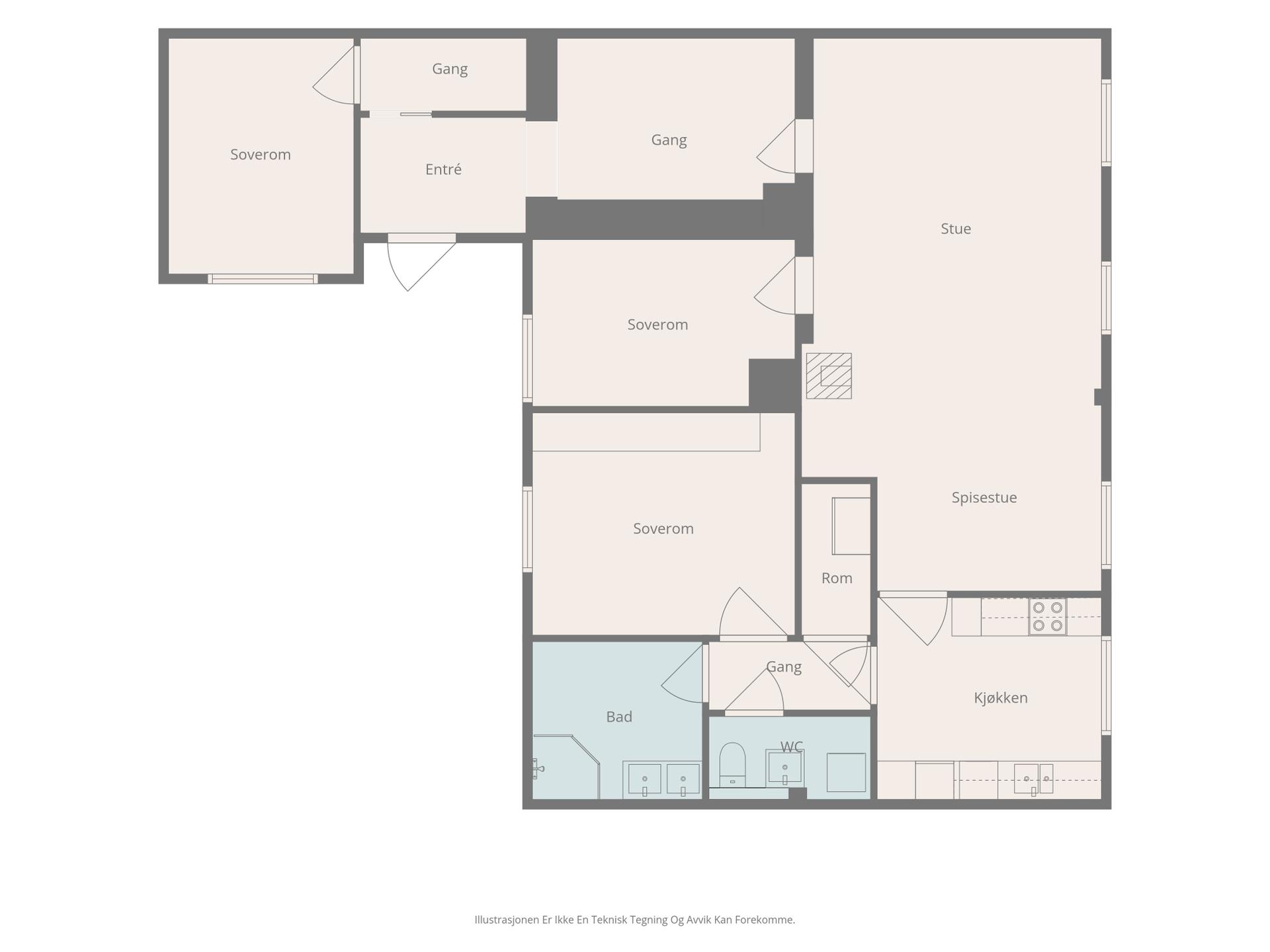 En arealeffektiv planløsning på 122 m² med tre soverom og adskilte våtrom.. Bilde nummer 3 av 3