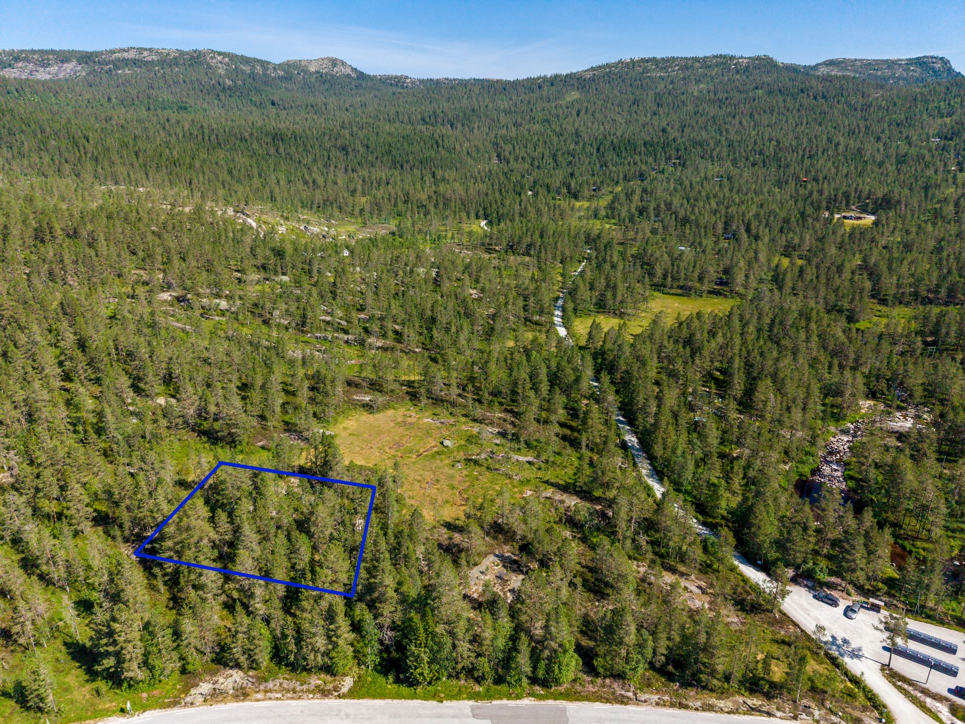 Eiendommen har en stor og relativ flat tomt på 1 141,9 m² kvm som i dag består av skog/fjellvegetasjon. Bilde nummer 2 av 3