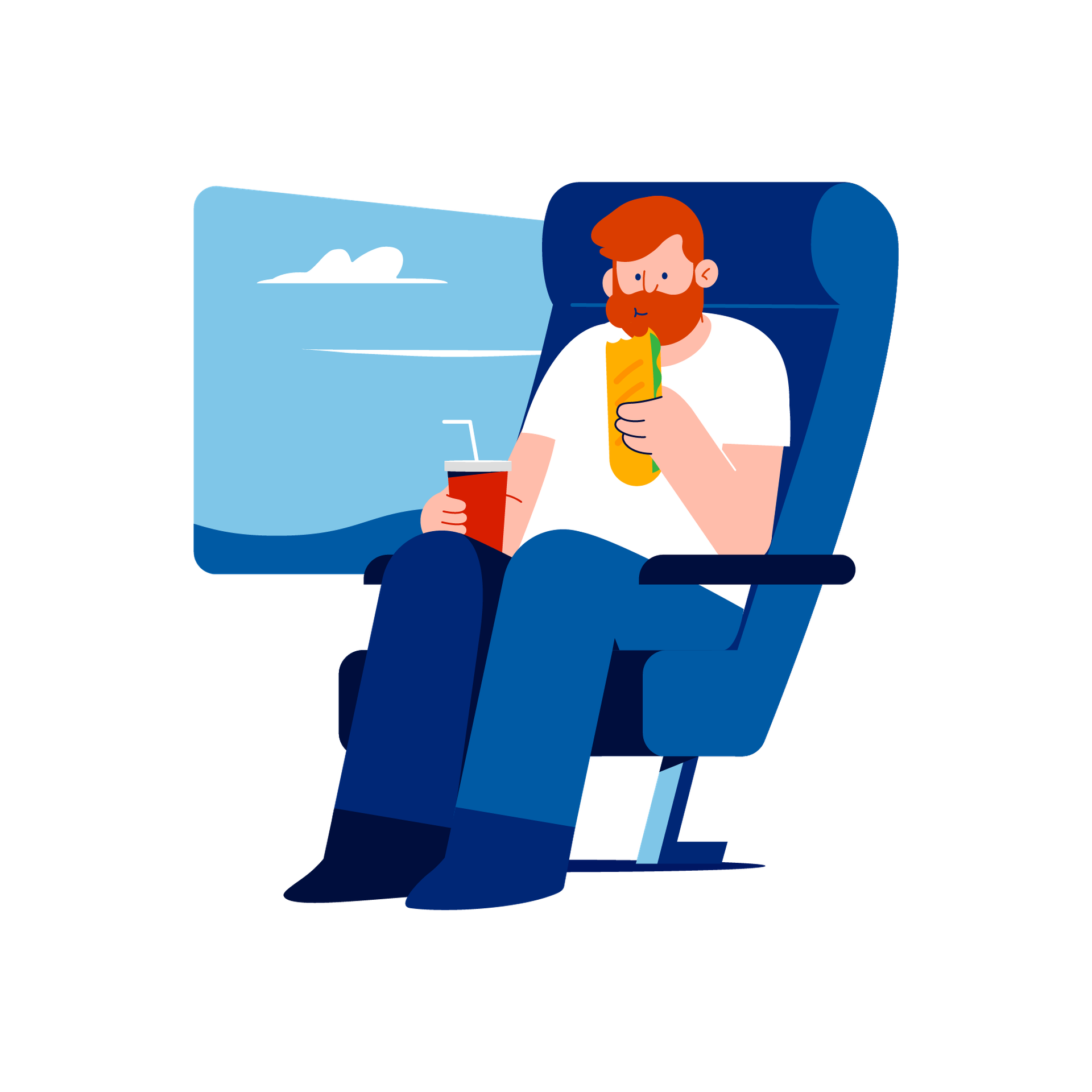Mann på tog spiser baguett, holder i beger med drikke. Illustrasjon.