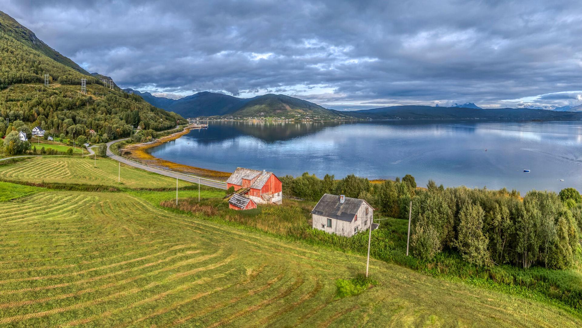 Landbrukseiendom med våningshus, tradisjonell driftsbygning og vedsjå, fritt beliggende ved Ofotfjorden.. Bilde nummer 2 av 3