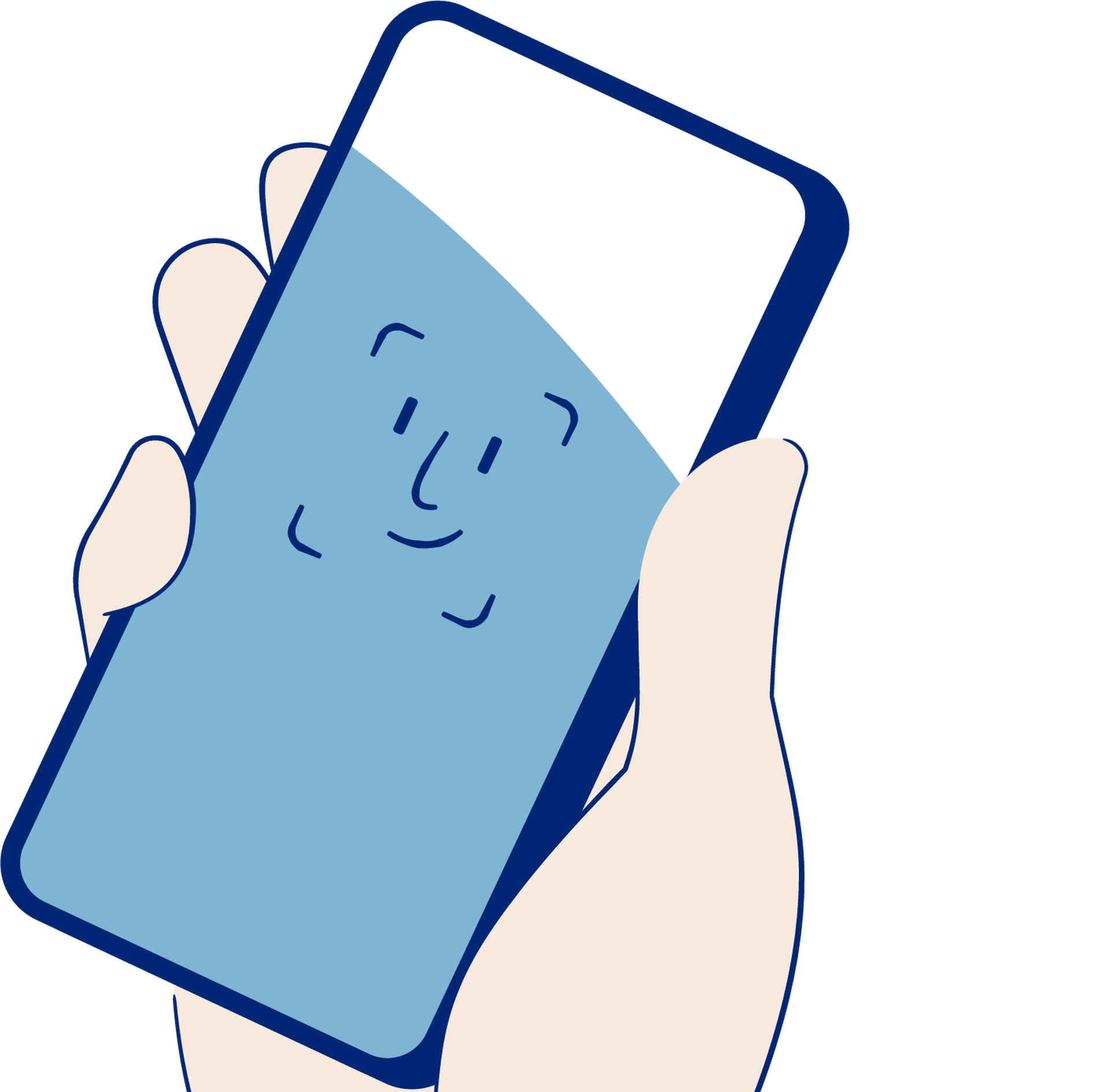 Illustrasjon av en hånd som holder en mobiltelefon. På telefonen er det en illustrasjon av et smilende ansikt.