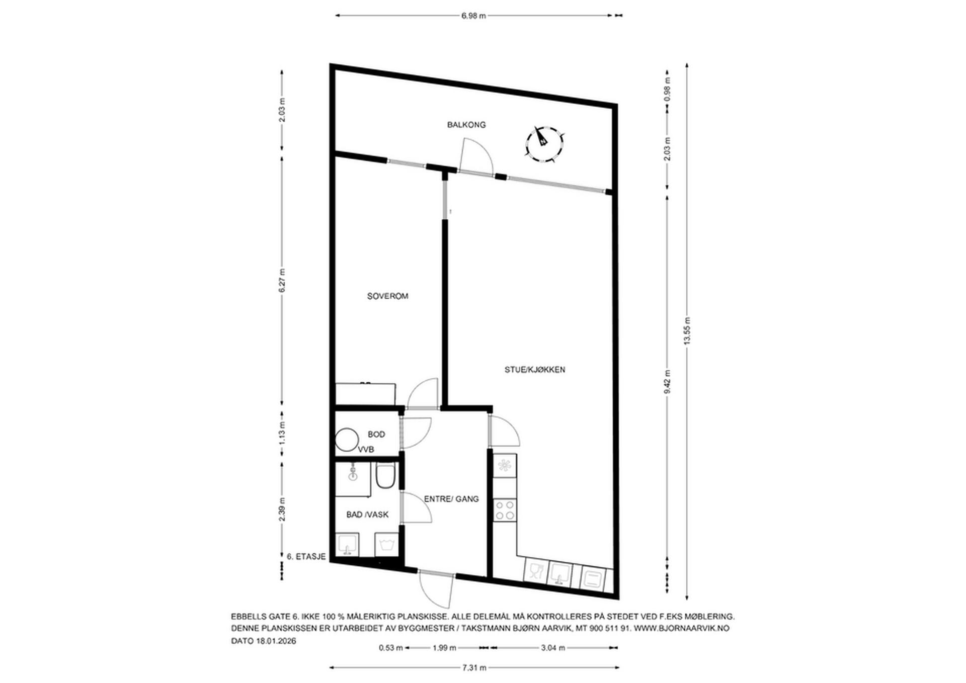 Leiligheten har en arealeffektiv planløsning på 70 m² som inkluderer stue/kjøkken, soverom og bad.. Bilde nummer 3 av 3