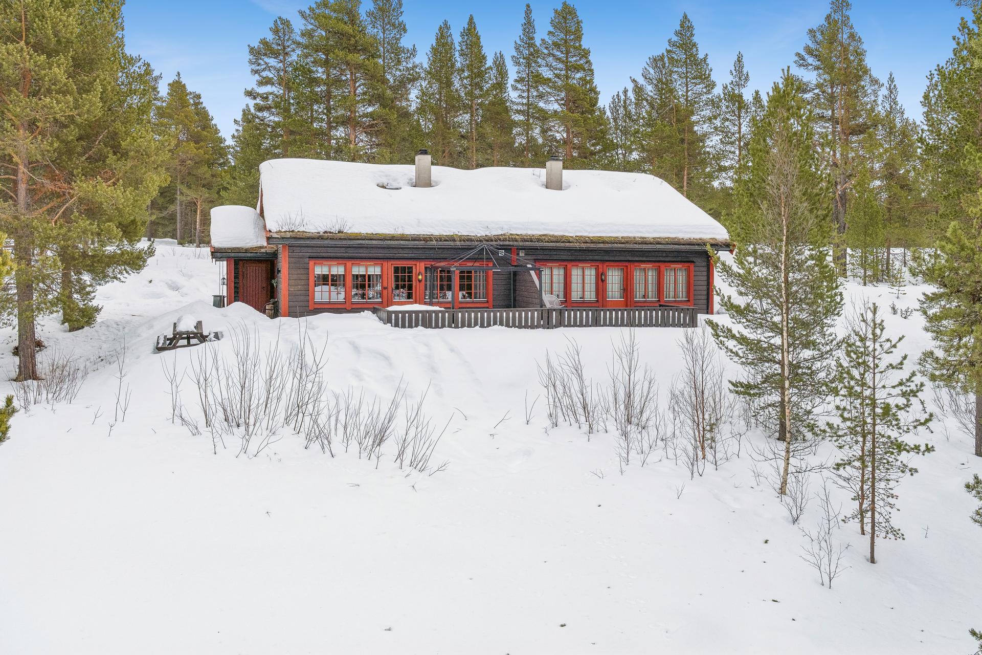 En klassisk fritidsbolig fra 2006 med torvtak og liggende kledning. Enheten som selges er til venstre i bildet. . Bilde nummer 1 av 3