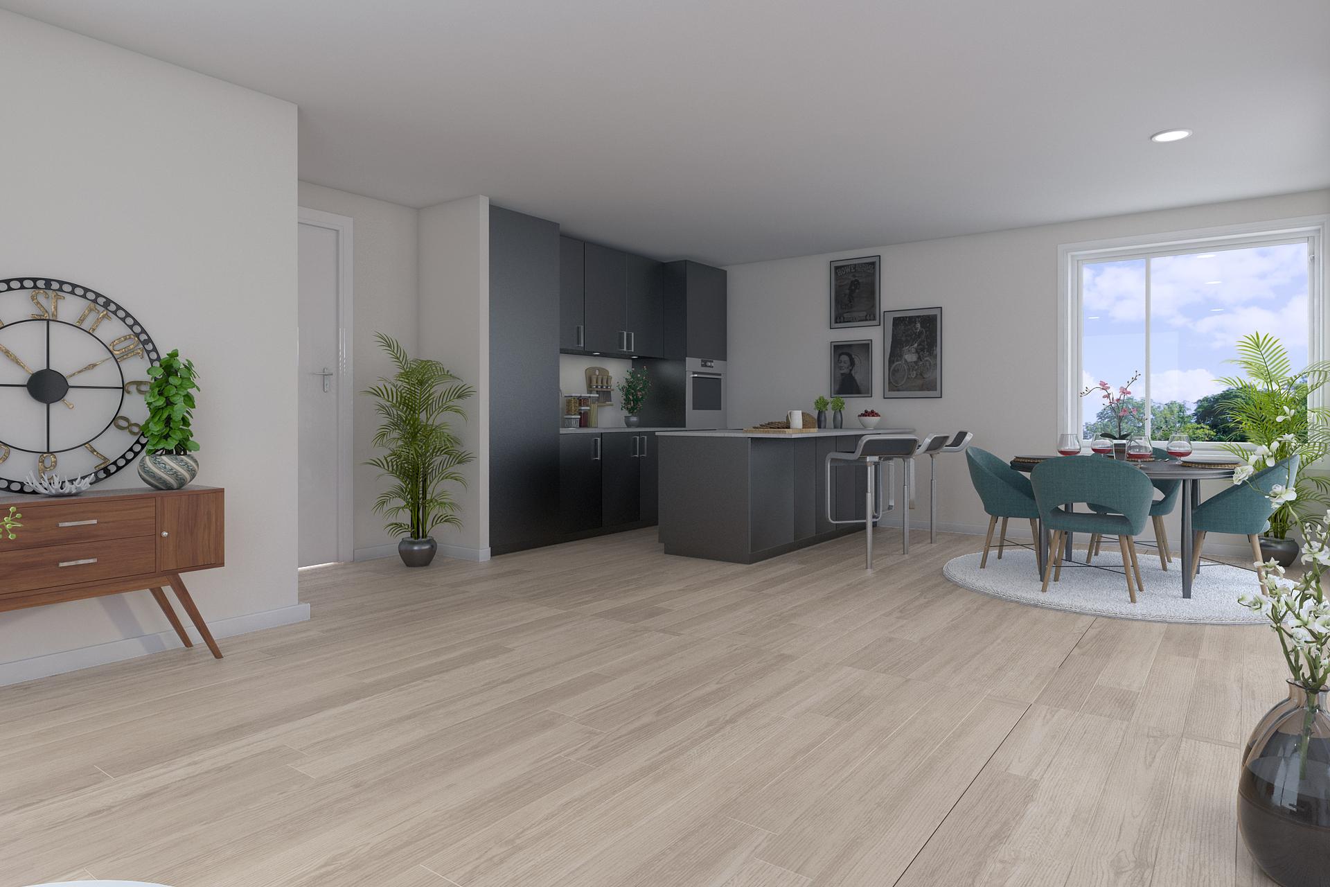 Det er lagt vekt på praktiske løsninger og stilfullt design. Her blir det moderne åpen stue- og kjøkkenløsning. (Illustrasjon). Bilde nummer 3 av 3