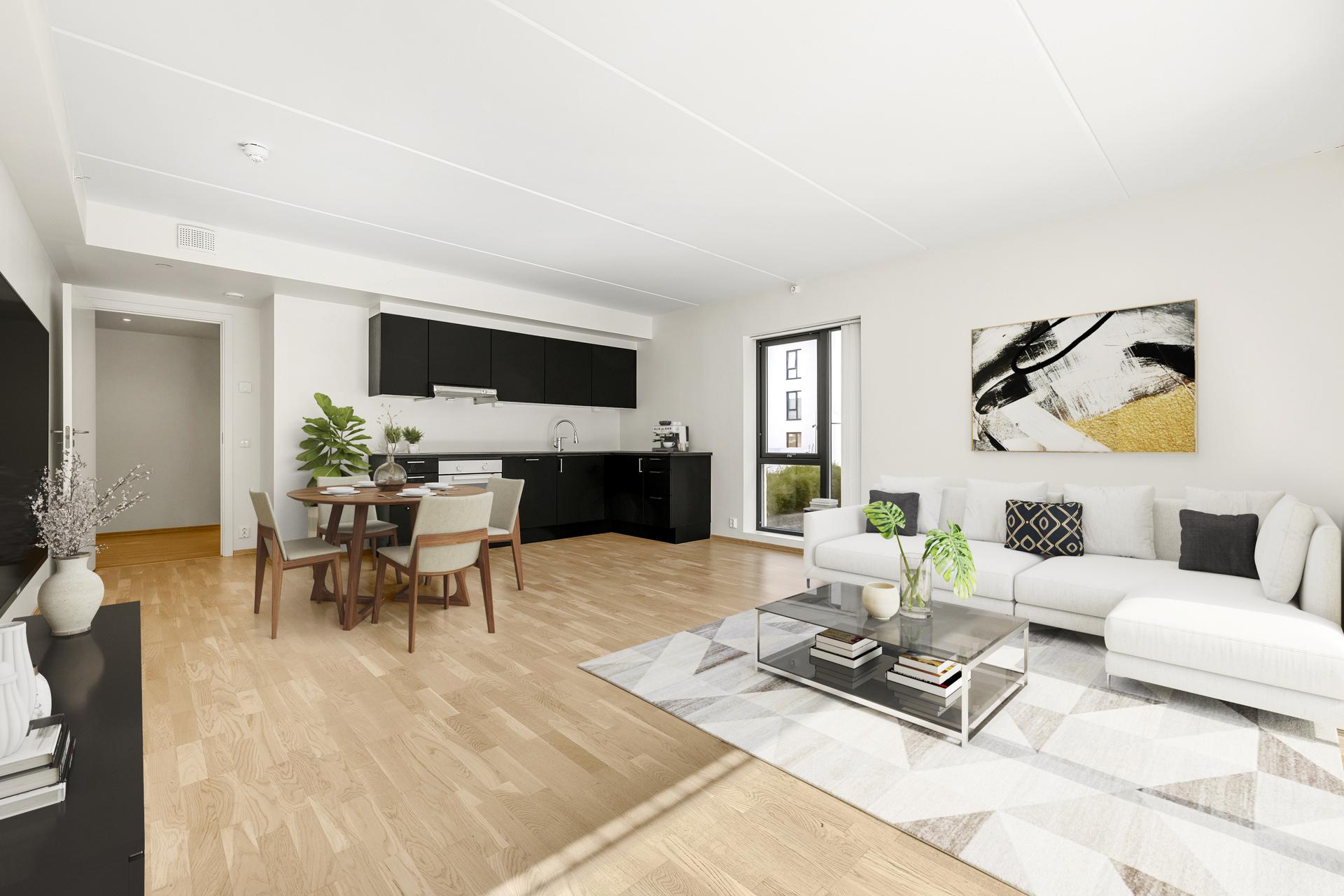 Velkommen til Lunden 37! Foto: Mads Karlsen Shuttr Eiendomsfoto (Bildet er digitalt møblert). Bilde nummer 1 av 3