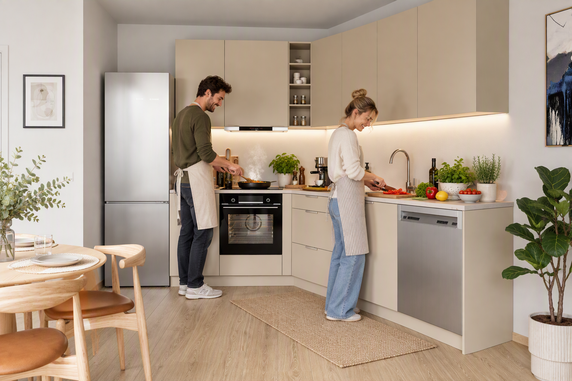 Funksjonelt og familievennlig kjøkken med moderne materialvalg, godt arbeidslys og en lun, nordisk atmosfære. Matglede og et hjem som er både praktisk og estetisk tiltalende. Illustrasjonen er AI-generert.. Bilde nummer 2 av 3