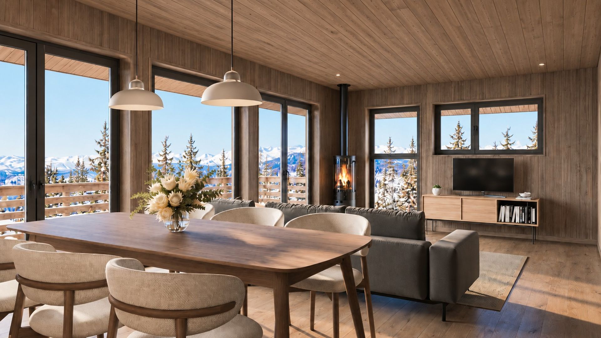 Lys og tiltalende stue med peisovn og utgang til solrik terrasse. Bilde nummer 3 av 3