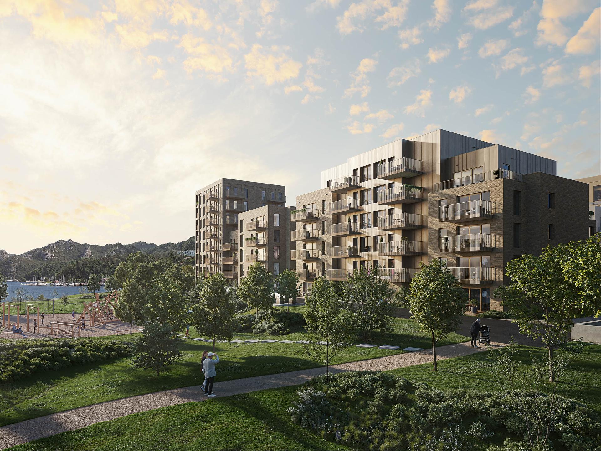 Velkommen til Sementen - 33 leiligheter og 6 etasjer på det høyeste. Merk at illustrasjonen kan vise elementer og materialer som ikke er en del av standardleveransen. Avvik vil forekomme.. Bilde nummer 1 av 3