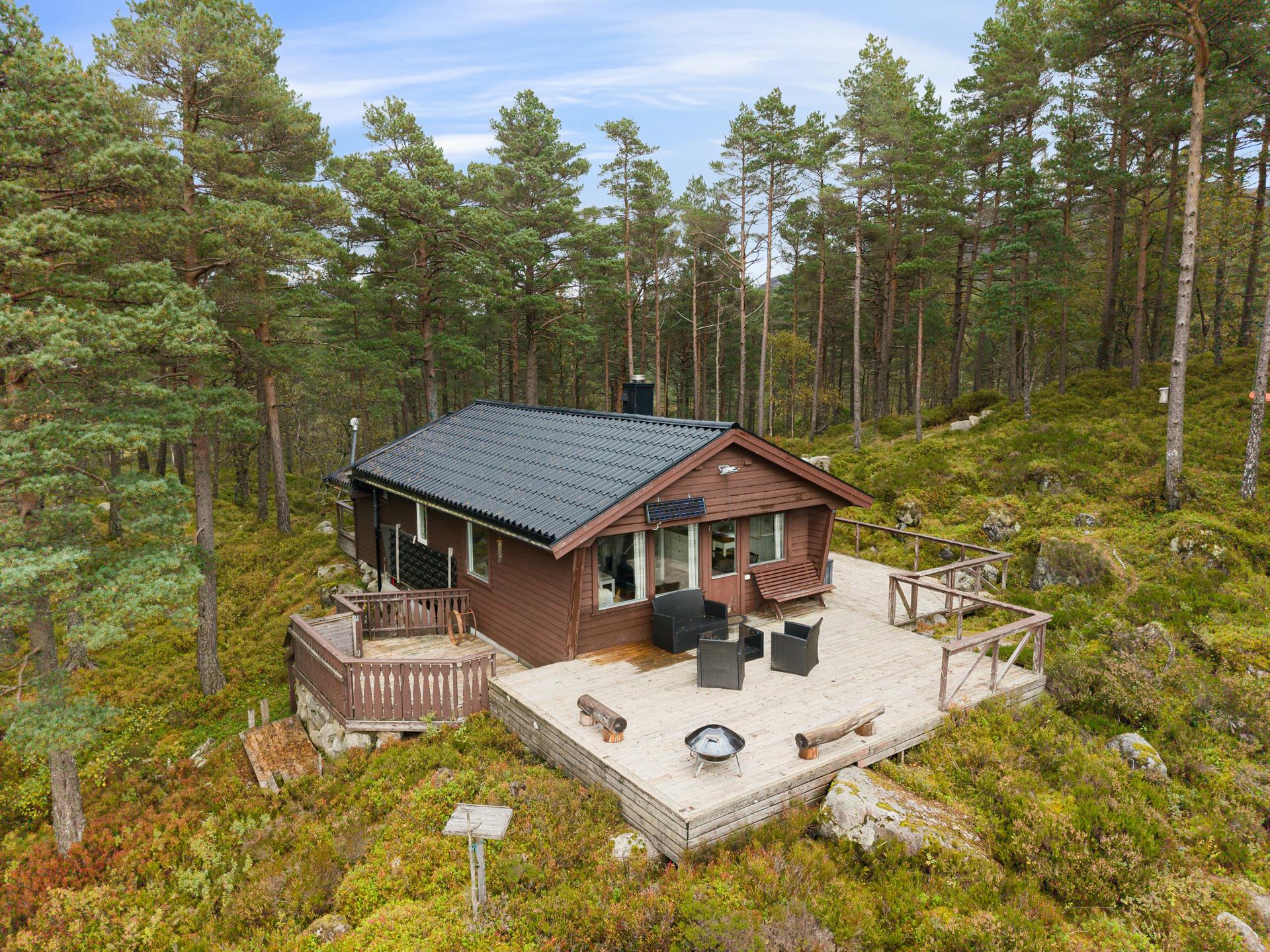 Hytta er fint plassert i terrenget og omkranset av furuskog.. Bilde nummer 2 av 3