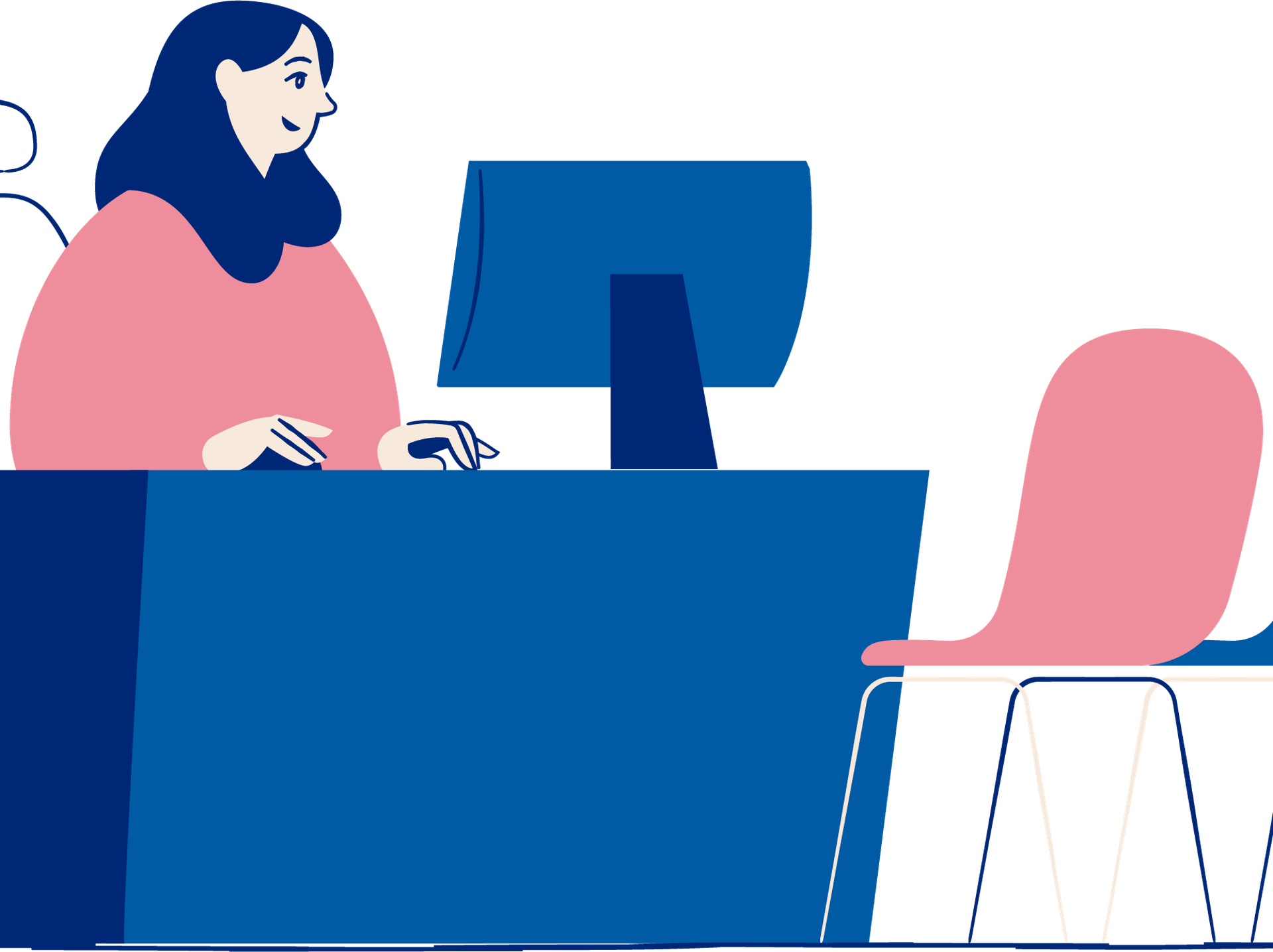 Illustrasjon av kvinne som sitter ved en pult og ser på en PC-skjerm. Foran pulten står det en stol.