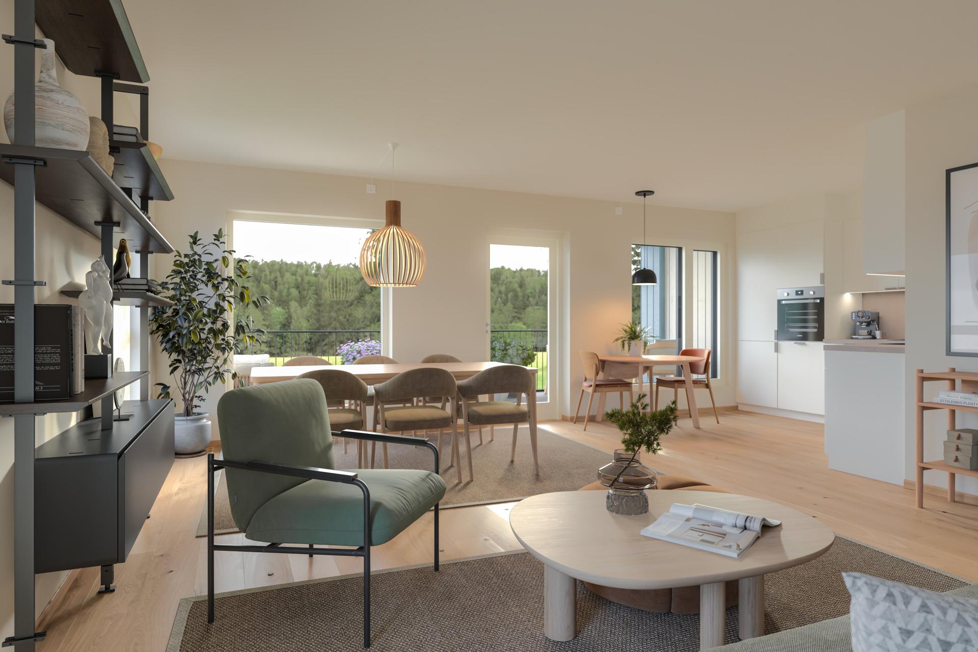 Store vindusflater gir gode lysforhold i leiligheten. Utgang til stor og skjermet terrasse på hele 18 m2. Ilustrasjonsfoto - avvik vil forekomme. Bilde nummer 2 av 3