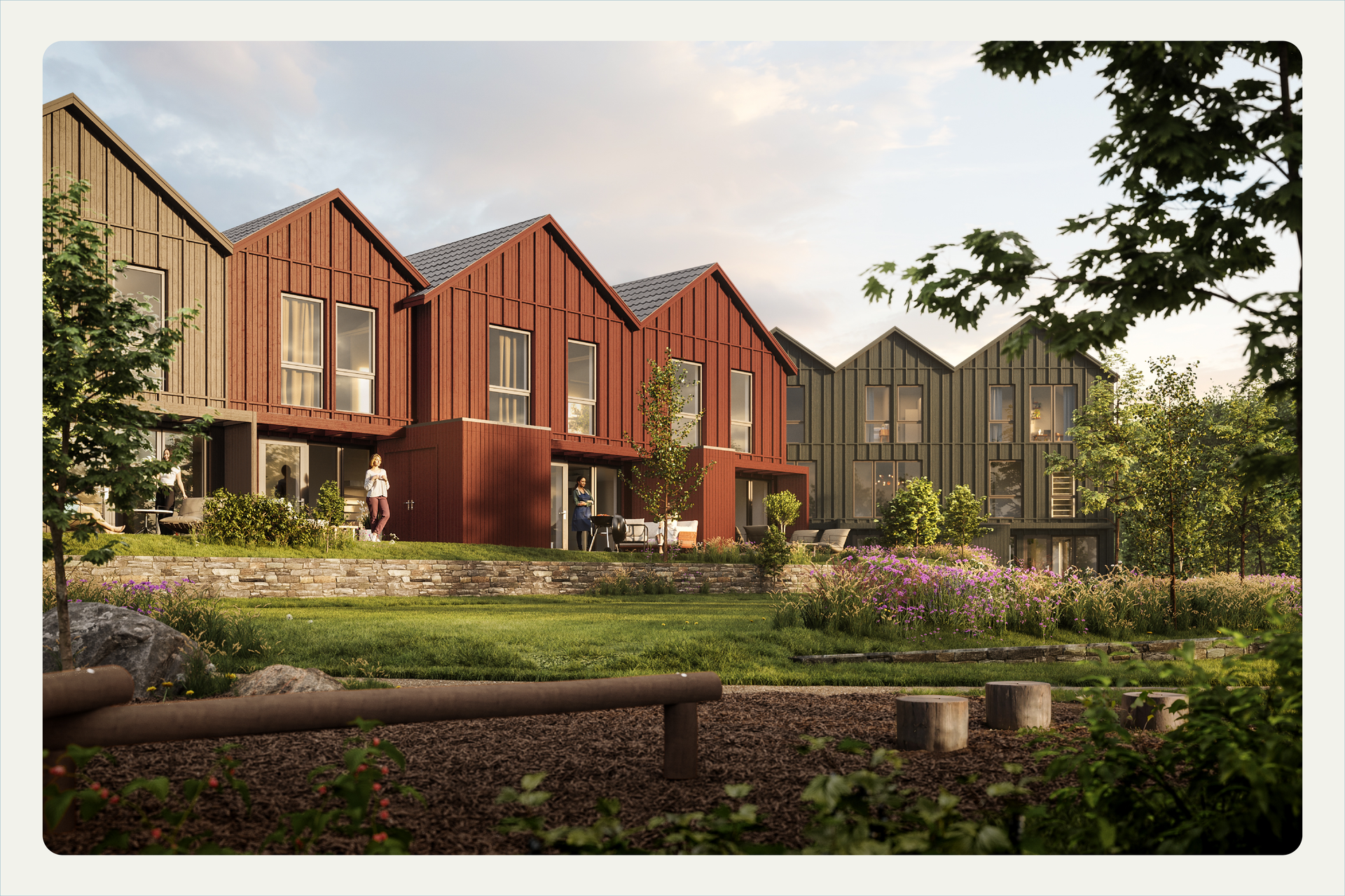 Velkommen til Urtehagen – moderne rekkehus i grønne omgivelser. Her bor du i et bilfritt og familievennlig nabolag med lekeplasser, frodige hager og kort vei til både natur og by.. Bilde nummer 1 av 3