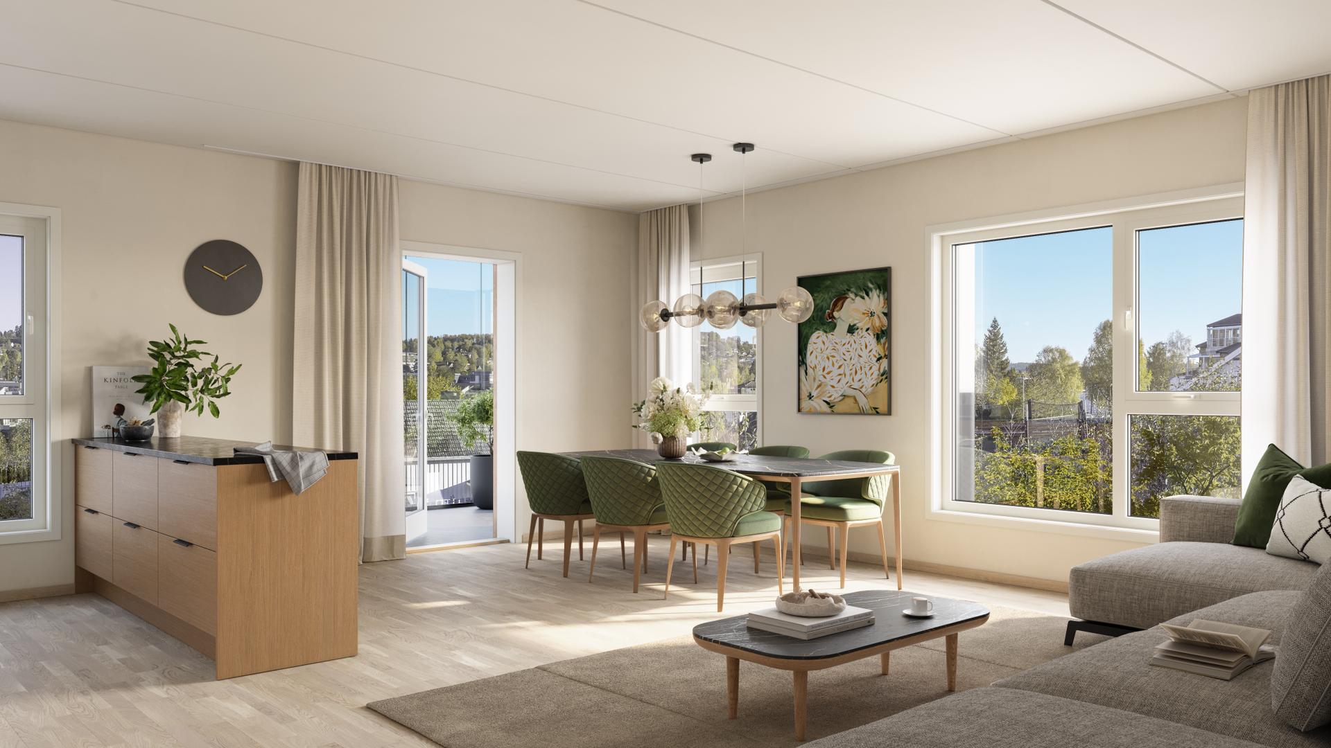 Illustrasjon fra leilighet B-102. Stor og lekker 4-roms leilighet med innglasset markterrasse. Egen sone for hovedsoverom med garderoberom og privat bad. Illustrasjon - avvik kan forekomme.. Bilde nummer 3 av 3