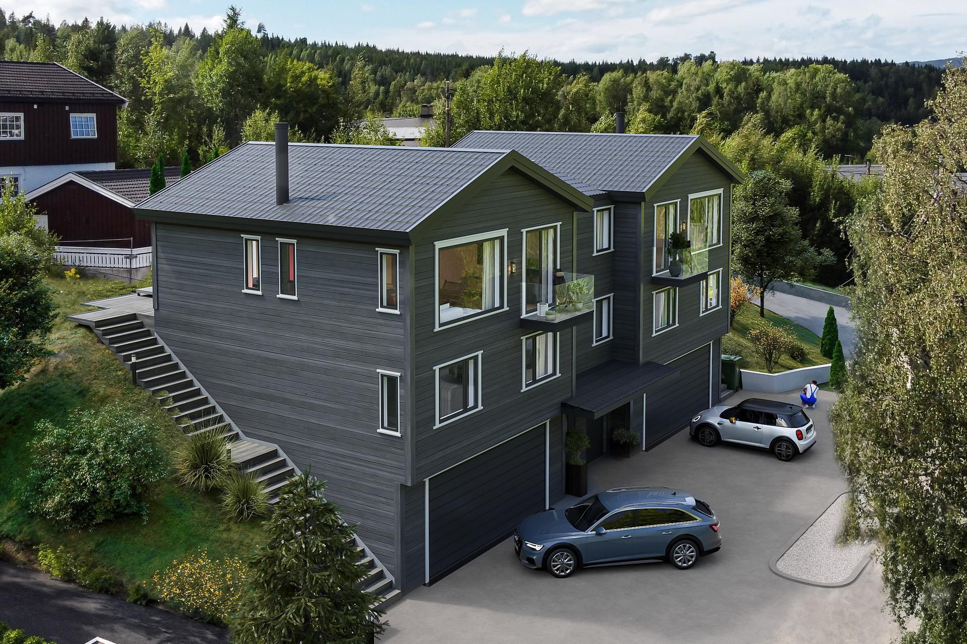 Åpen løsning mellom kjøkken og stue som skaper en sosial og romslig atmosfære. Utgang til en balkong med panoramautsikt over bygda – et perfekt sted å nyte morgenkaffen eller soloppgangen.. Bilde nummer 3 av 3
