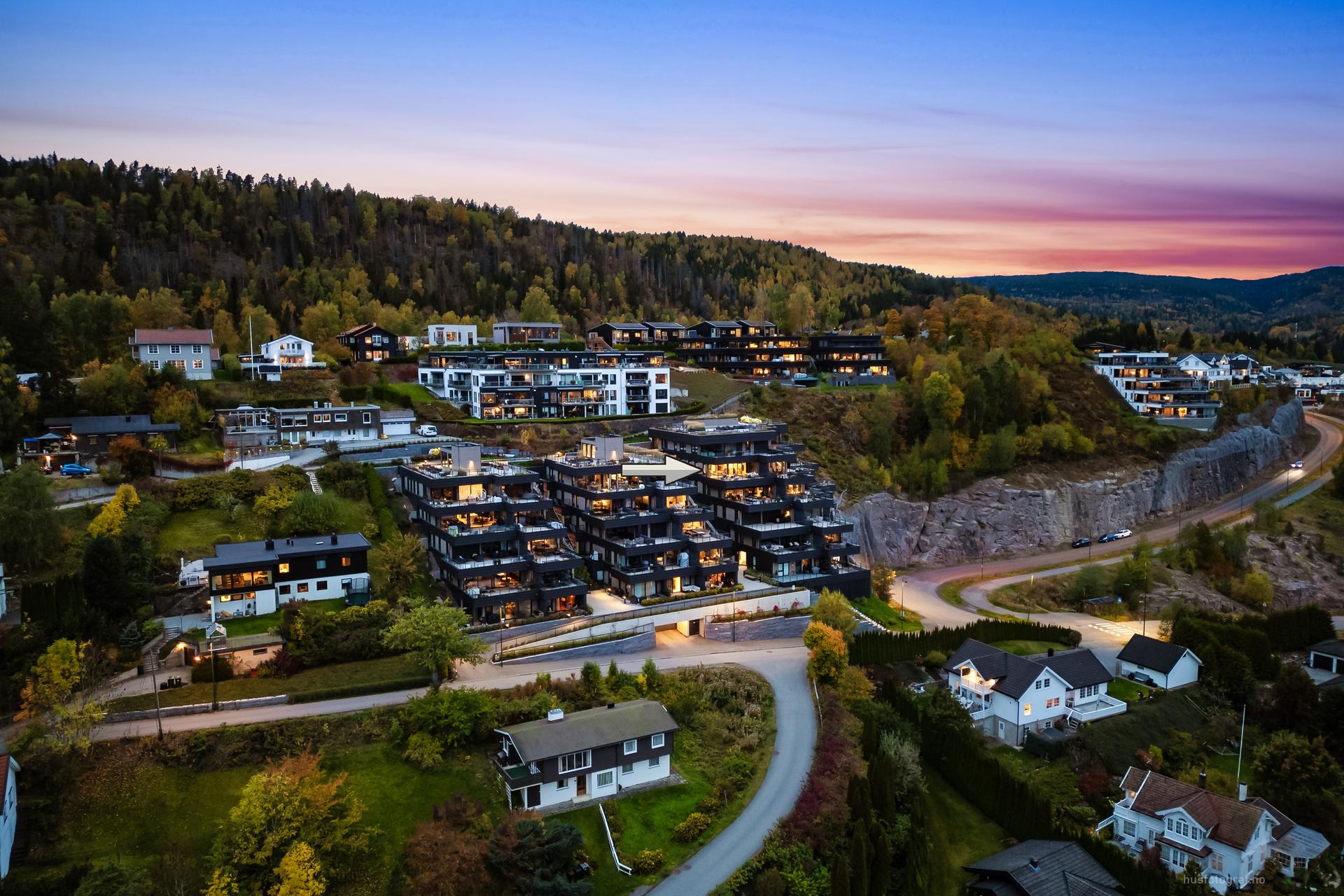 Terrassert bebyggelse tilbaketrukket på Stoppenkollen med marka som nærmeste nabo.. Bilde nummer 3 av 3