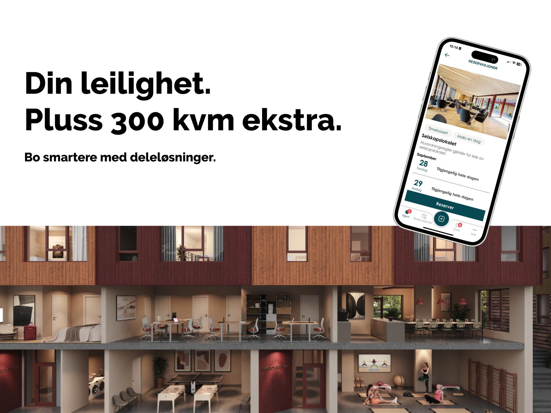 Det vil bli etablert rundt 300 kvm. med fellesareal i prosjektet, som hver leilighet kan få tilgang til. . Bilde nummer 2 av 3