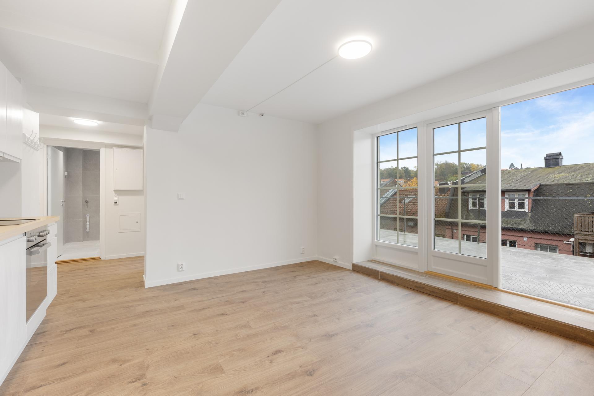Leiligheten ligger i underetasjen i ærverdige EEK-gården på Lundetoppen, like ved Ibsenhuset og Skiens sentrumsgater.. Bilde nummer 2 av 3