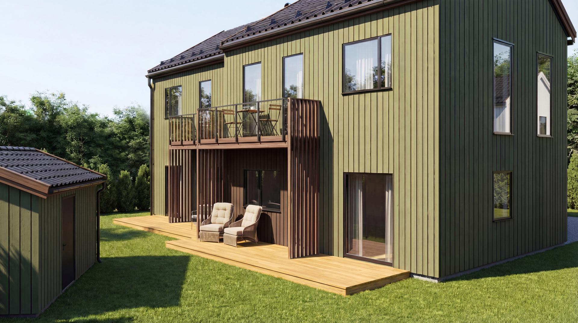 Terrasse på mark leveres i henhold til tegning, med ubehandlede impregnerte terrassebord. Balkonger leveres med glassrekkverk utført med synlige stolper og topprekke - illustrasjonsbilde. Bilde nummer 2 av 3