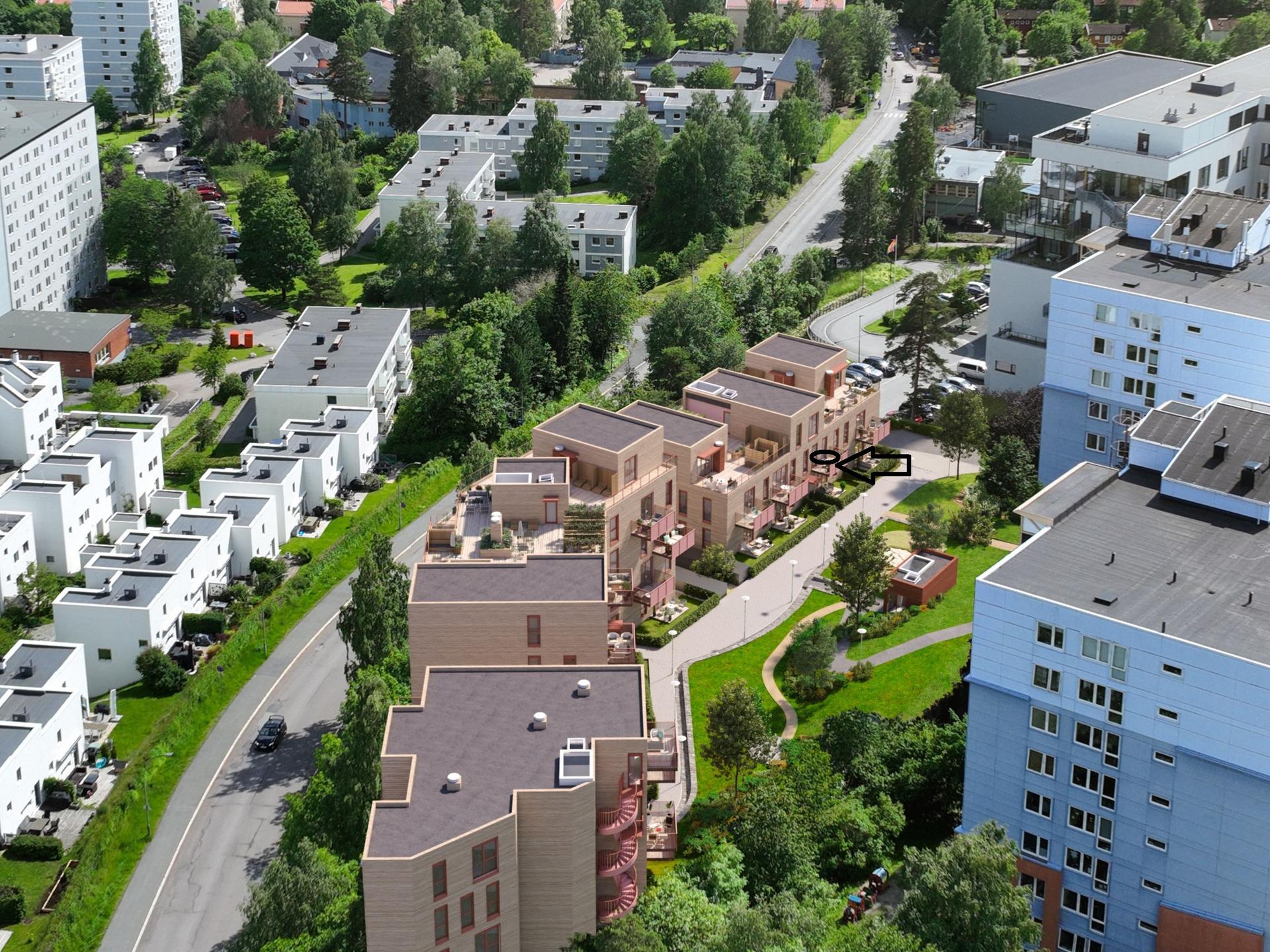 Fasade mot vest som viser leilighetens beliggenhet markert med pil . Bilde nummer 2 av 3
