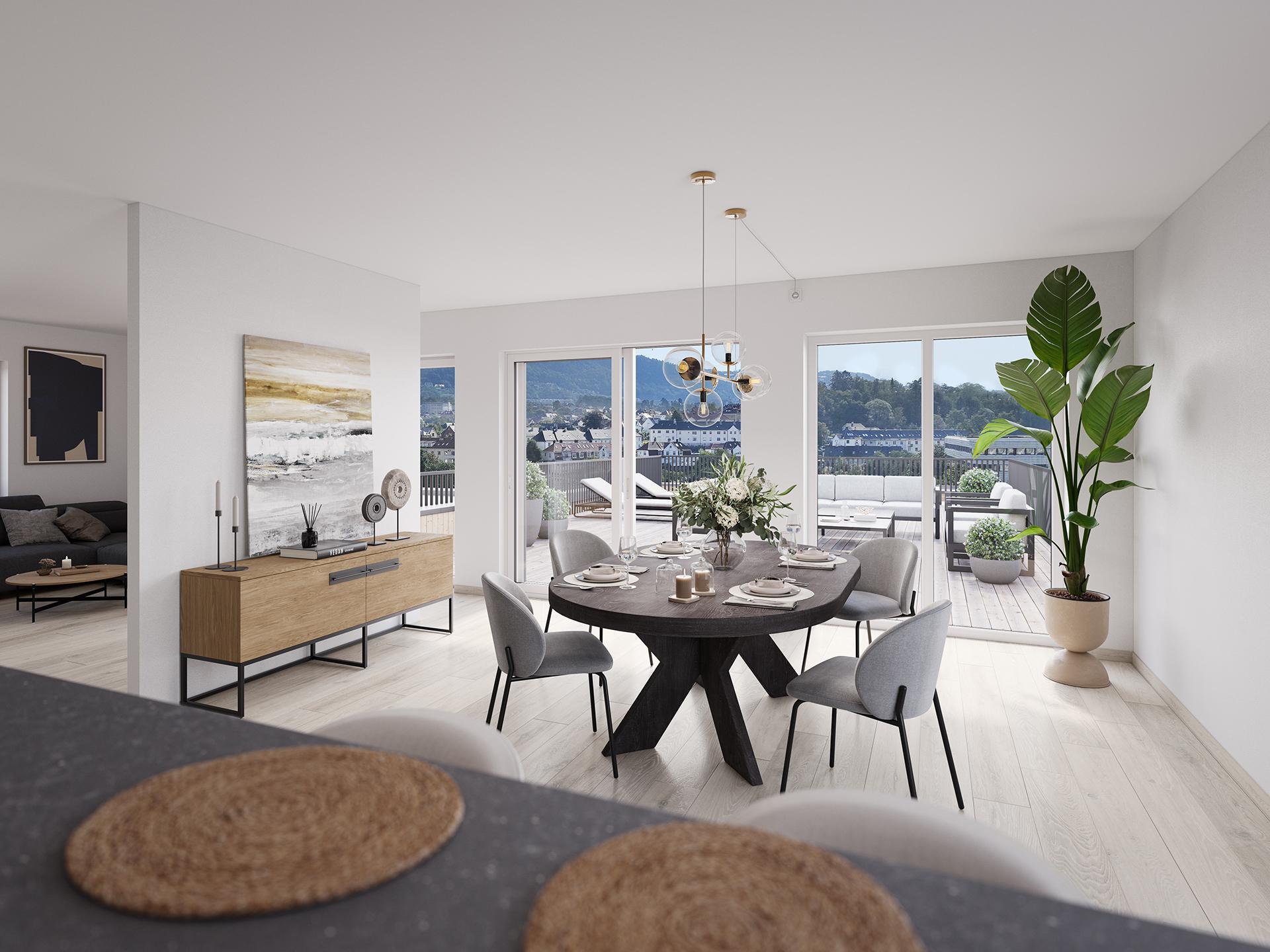 Toppleilighet på 129 m2 BRA-i med hele 79 m2 takterrasse med utsikt mot Solheimsvatnet. Illustrasjonsbilde, avvik vil forekomme.. Bilde nummer 3 av 3